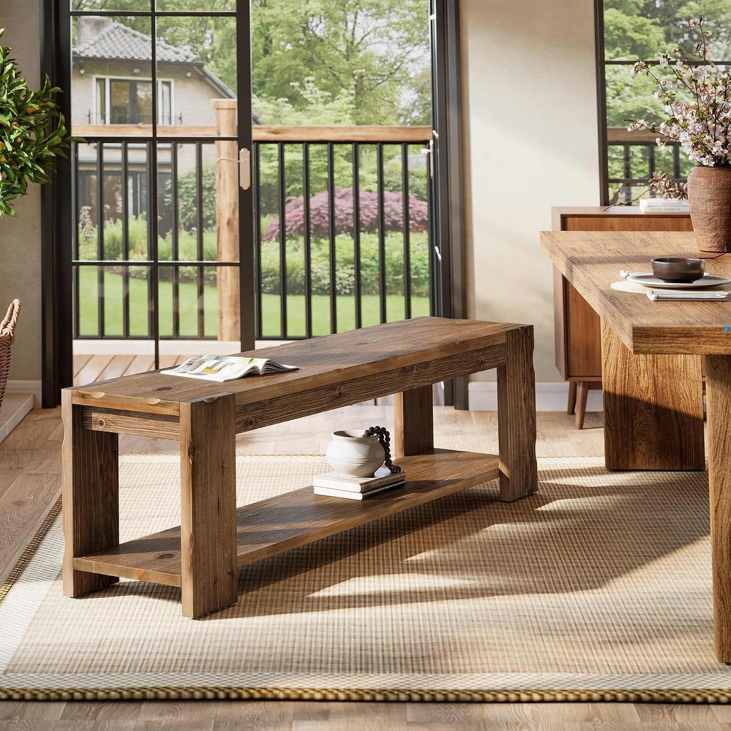 Banc d'entrée en bois massif avec étagère 140 cm, Banc à chaussures à 2 niveaux, idéal pour l'entrée, le couloir, la chambre ou le salon