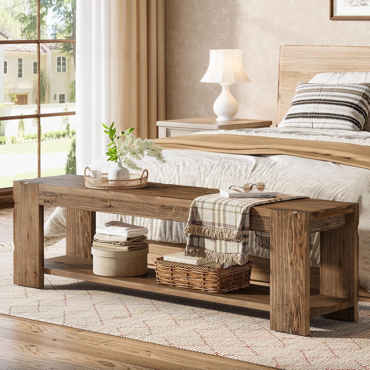 Banc d'entrée en bois massif avec étagère 140 cm, Banc à chaussures à 2 niveaux, idéal pour l'entrée, le couloir, la chambre ou le salon