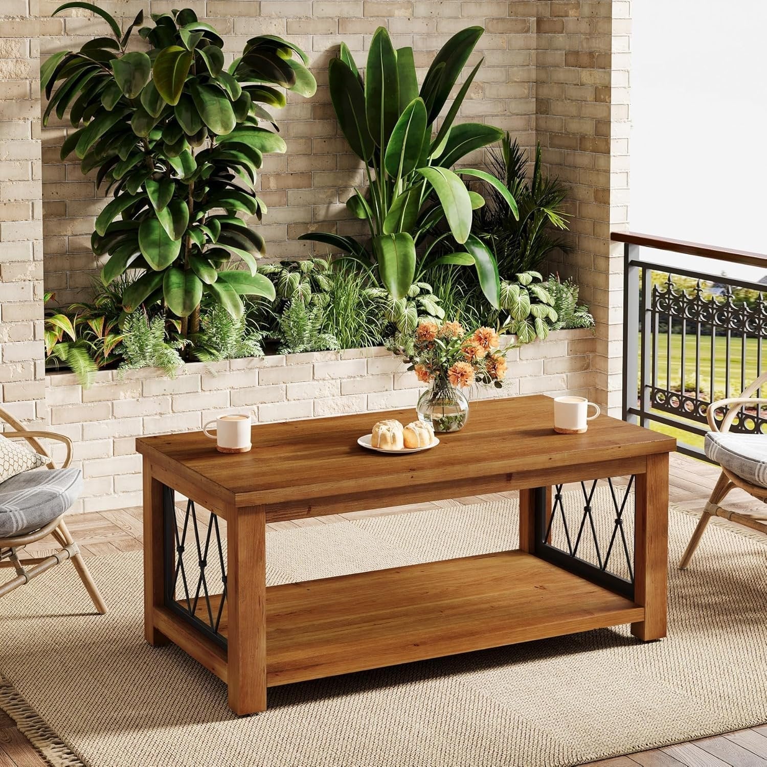 Tribesigns Table basse de 120 cm en bois massif, Style campagnard avec piètement en métal en forme de losange