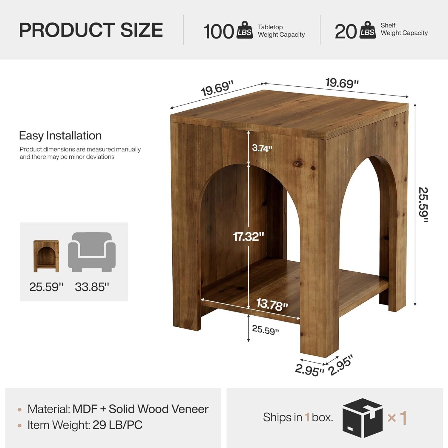 Tribesigns Table d'appoint style campagnard 2 niveaux en bois carrée marron, Bois massif, style campagnard