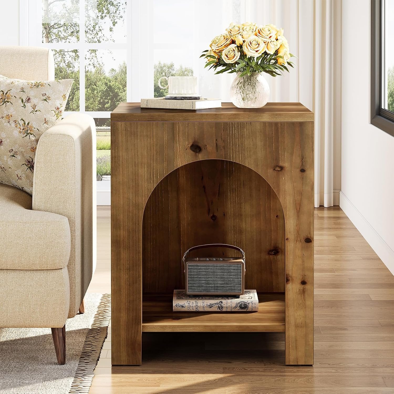 Tribesigns Table d'appoint style campagnard 2 niveaux en bois carrée marron, Bois massif, style campagnard