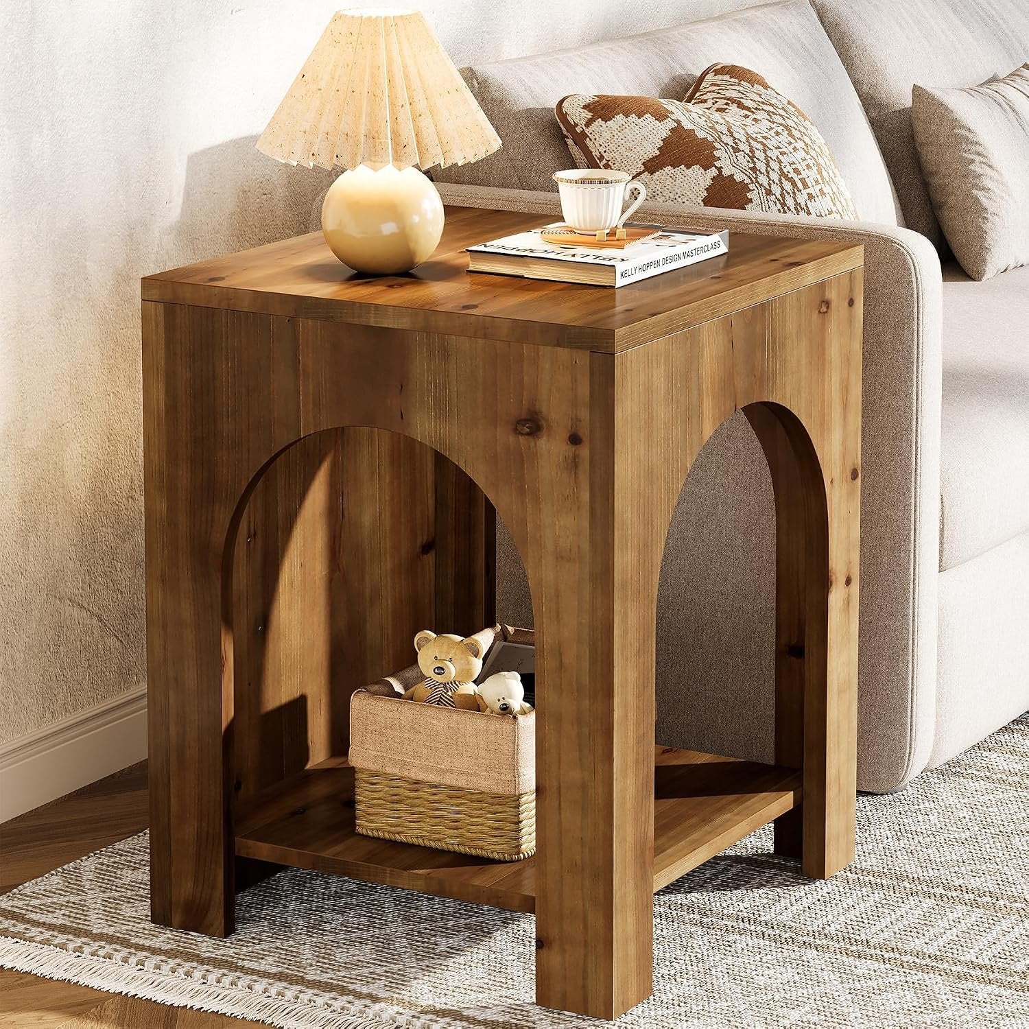 Tribesigns Table d'appoint style campagnard 2 niveaux en bois carrée marron, Bois massif, style campagnard