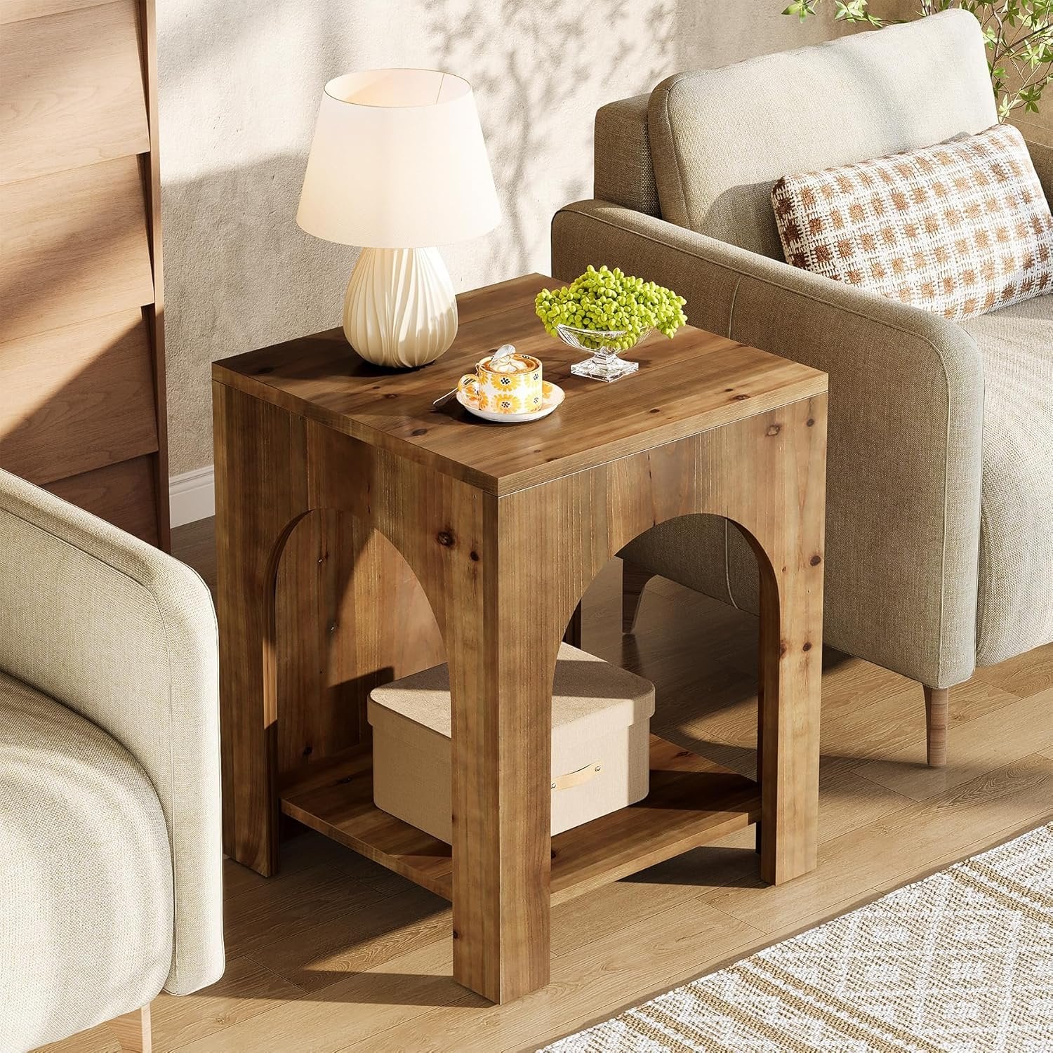 Tribesigns Table d'appoint style campagnard 2 niveaux en bois carrée marron, Bois massif, style campagnard