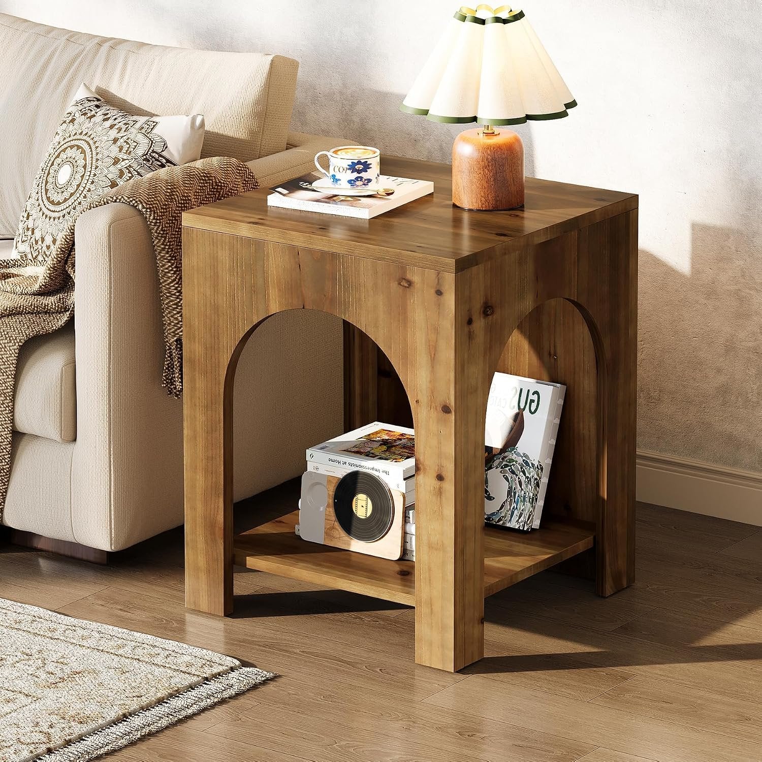 Tribesigns Table d'appoint style campagnard 2 niveaux en bois carrée marron, Bois massif, style campagnard
