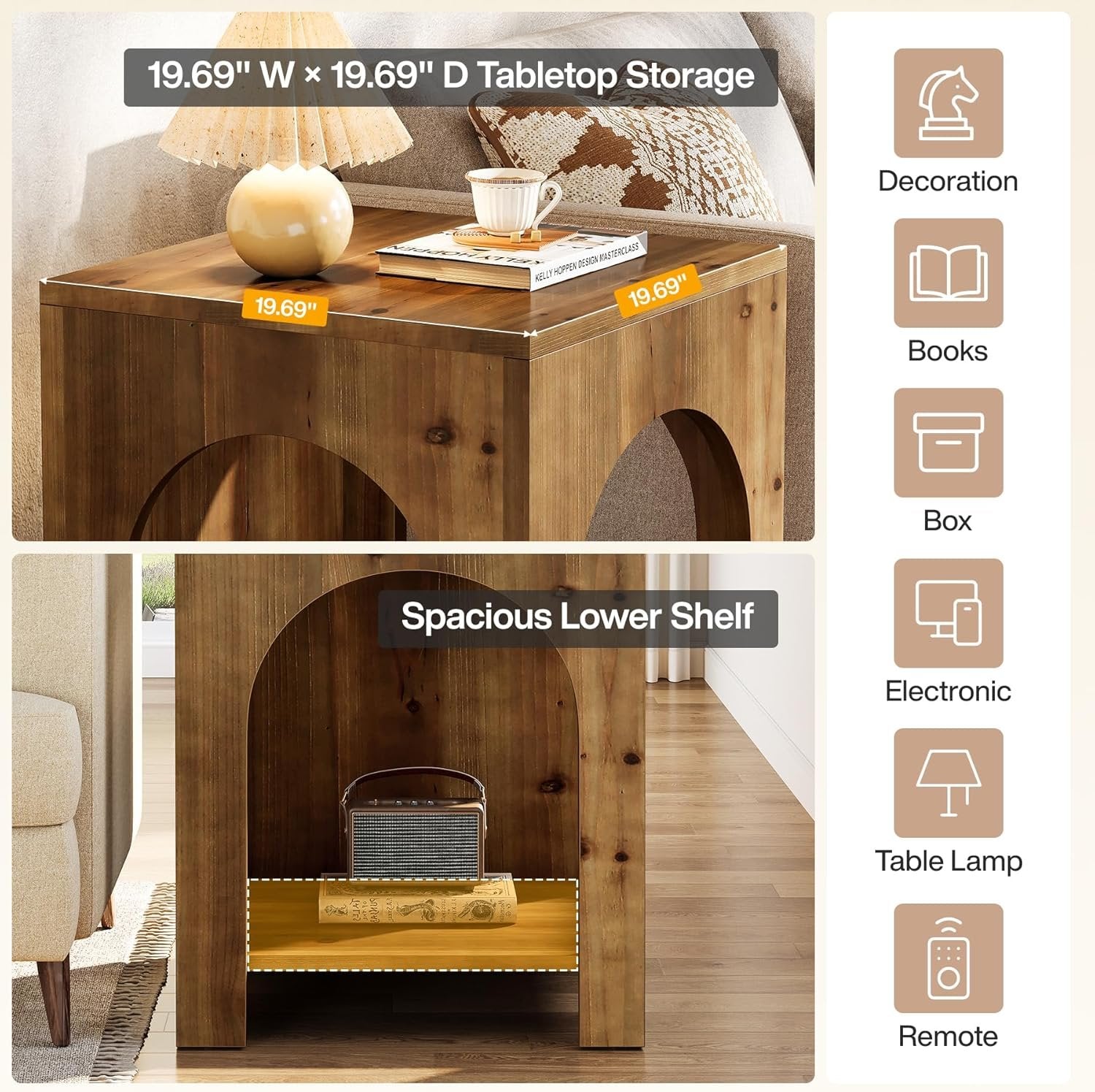 Tribesigns Table d'appoint style campagnard 2 niveaux en bois carrée marron, Bois massif, style campagnard