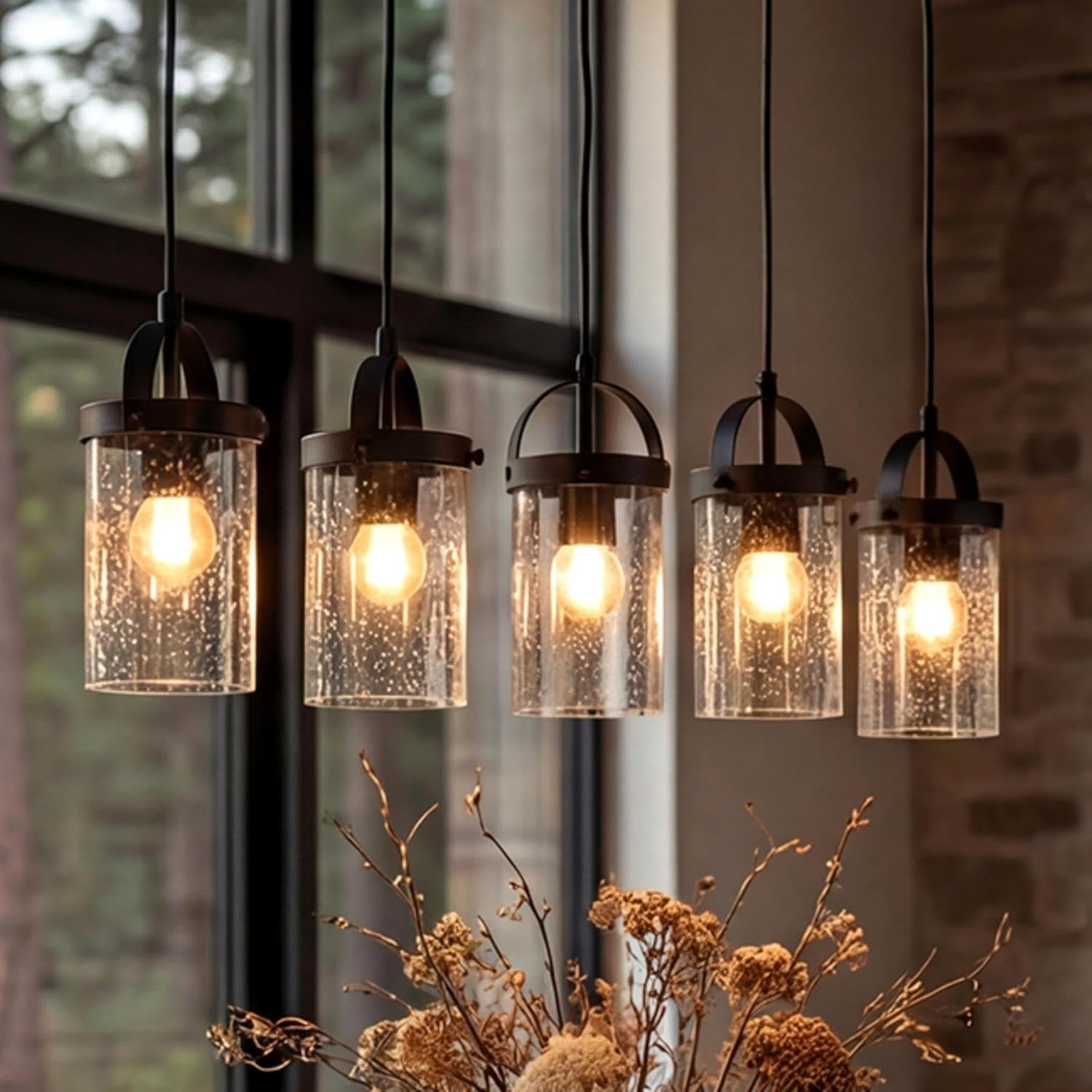 Tribesigns Lustre pour hauts plafonds, Lustre à 5 lumières avec abat-jour en verre, suspension style ferme