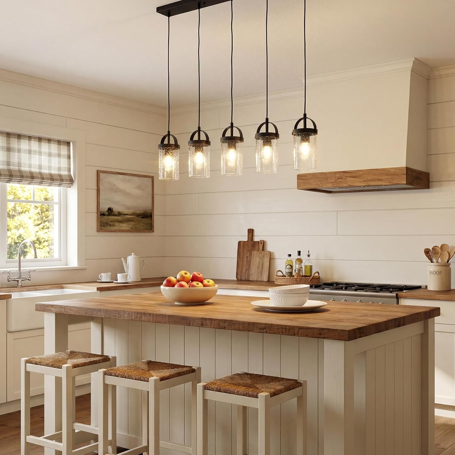 Tribesigns Lustre pour hauts plafonds, Lustre à 5 lumières avec abat-jour en verre, suspension style ferme