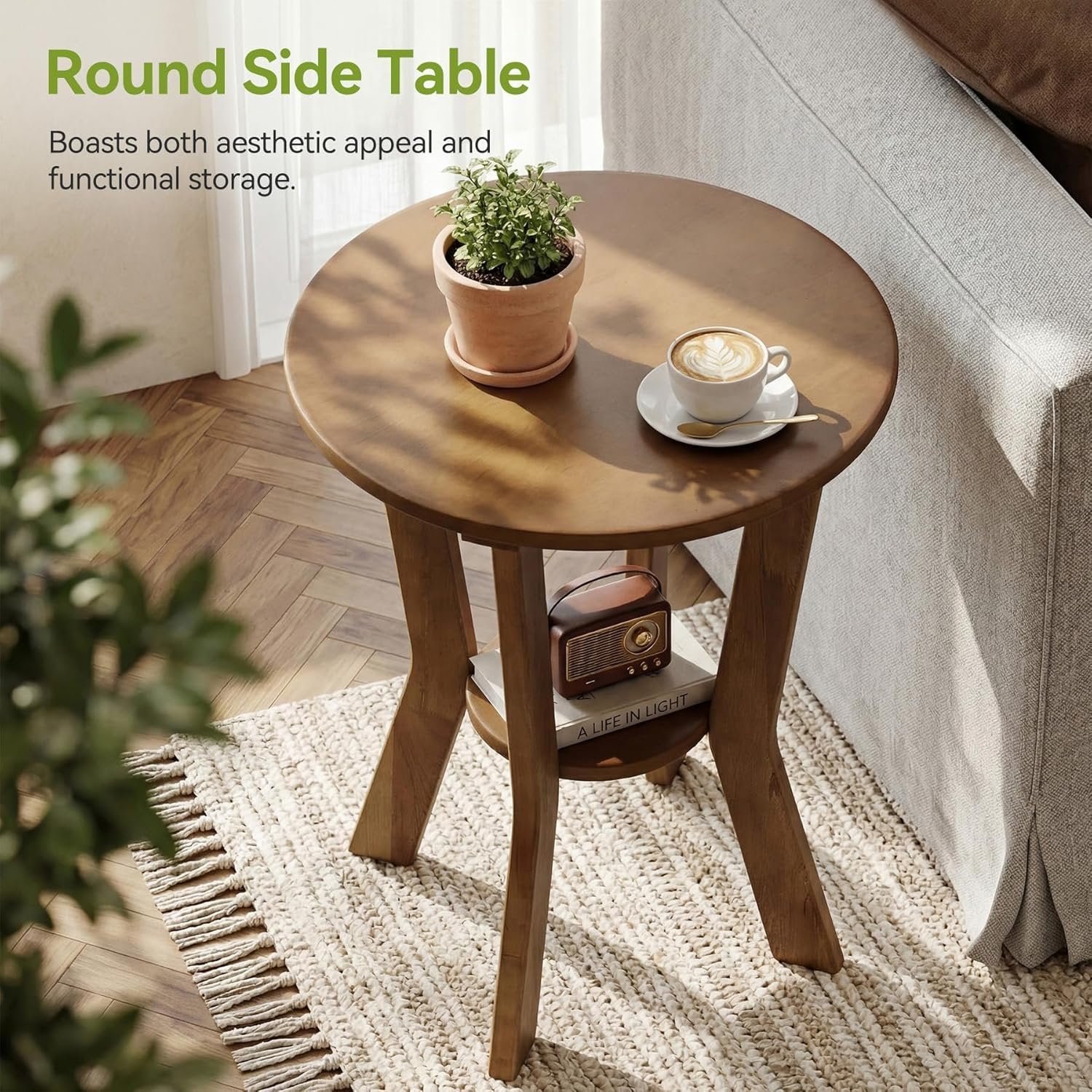 Tribesigns Table d'appoint ronde avec étagère, Table de chevet vintage style campagne à 2 niveaux, petite table d'appoint pour salon, chambre