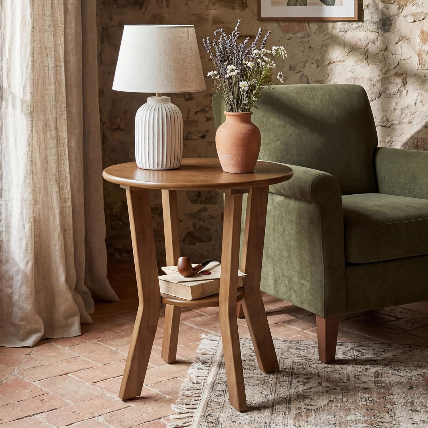 Tribesigns Table d'appoint ronde avec étagère, Table de chevet vintage style campagne à 2 niveaux, petite table d'appoint pour salon, chambre