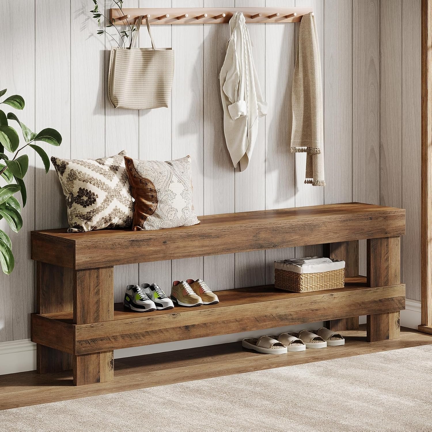Tribesigns Banc d'entrée en bois massif, 150 cm, Banc à chaussures à 2 niveaux avec rangement