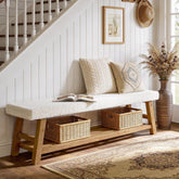 Banc à chaussures capitonné 140 cm, Banc à 2 niveaux avec rangement, banc d'appoint en bois massif, style champêtre, blanc et marron 3