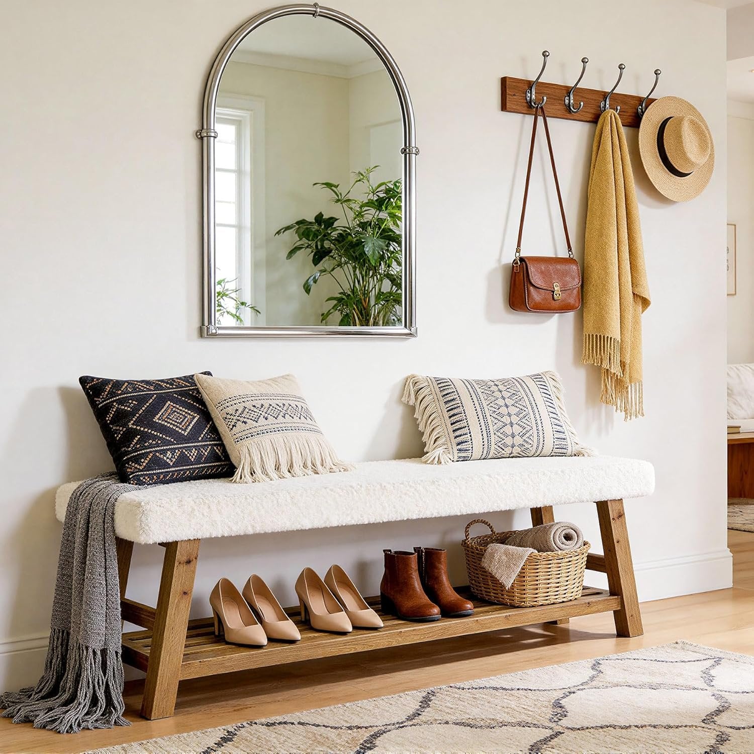 Banc à chaussures capitonné 140 cm, Banc à 2 niveaux avec rangement, banc d'appoint en bois massif, style champêtre, blanc et marron