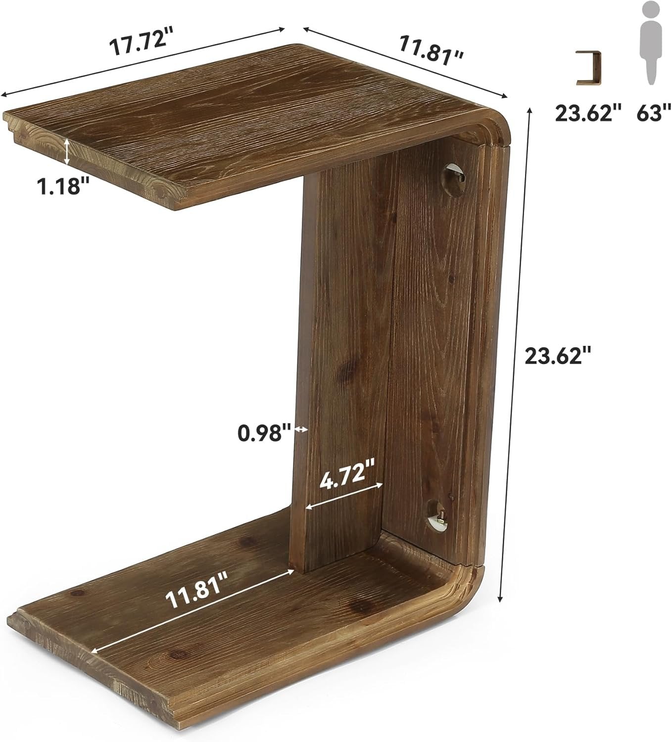 Table d'appoint en bois massif en forme de C, Table d'appoint étroite pour canapé, salon et chambre, gain de place, marron foncé