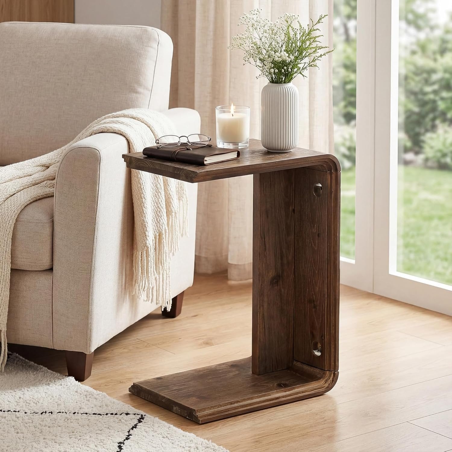 Table d'appoint en bois massif en forme de C, Table d'appoint étroite pour canapé, salon et chambre, gain de place, marron foncé