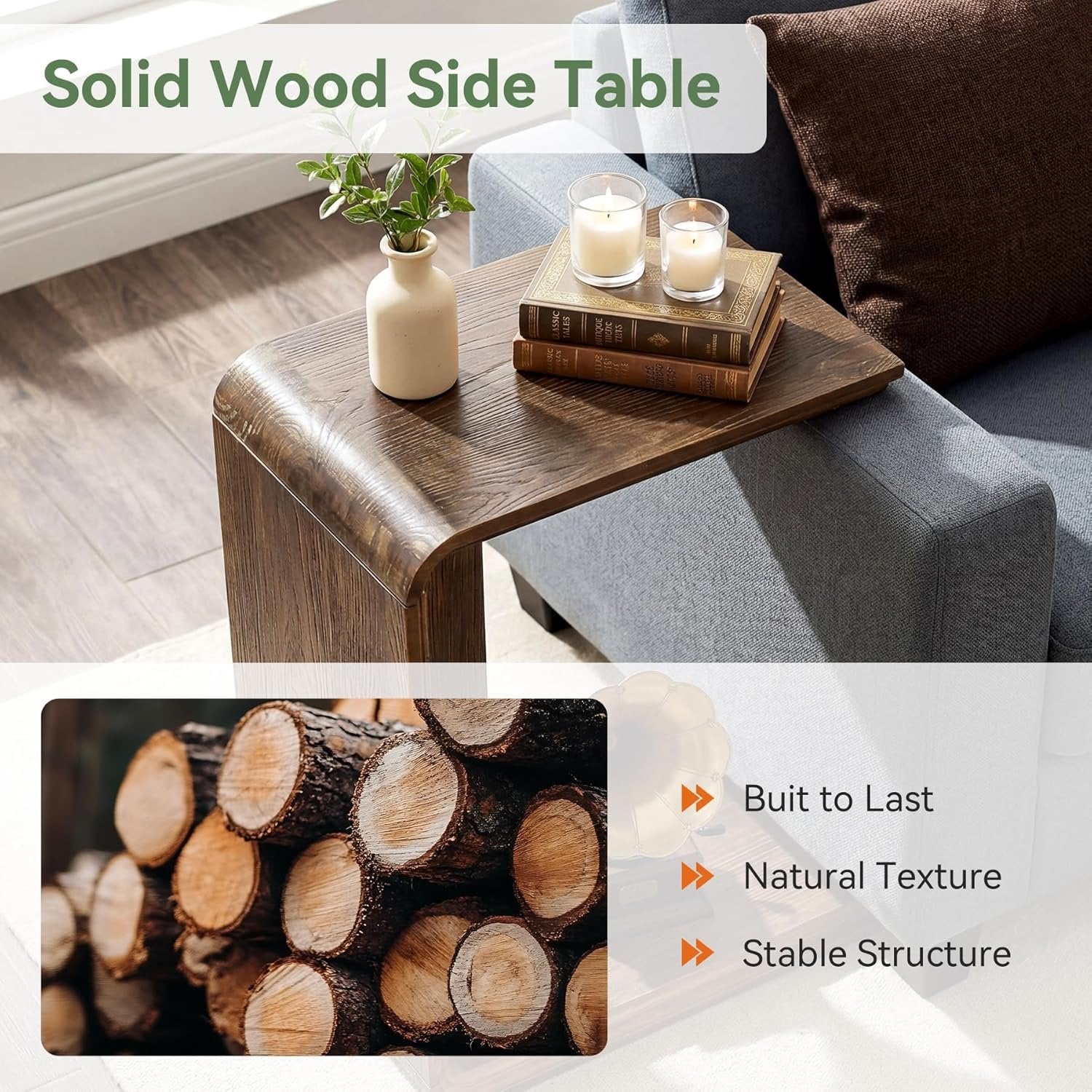 Table d'appoint en bois massif en forme de C, Table d'appoint étroite pour canapé, salon et chambre, gain de place, marron foncé