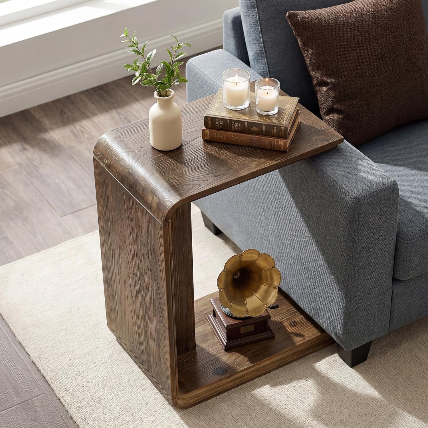 Table d'appoint en bois massif en forme de C, Table d'appoint étroite pour canapé, salon et chambre, gain de place, marron foncé