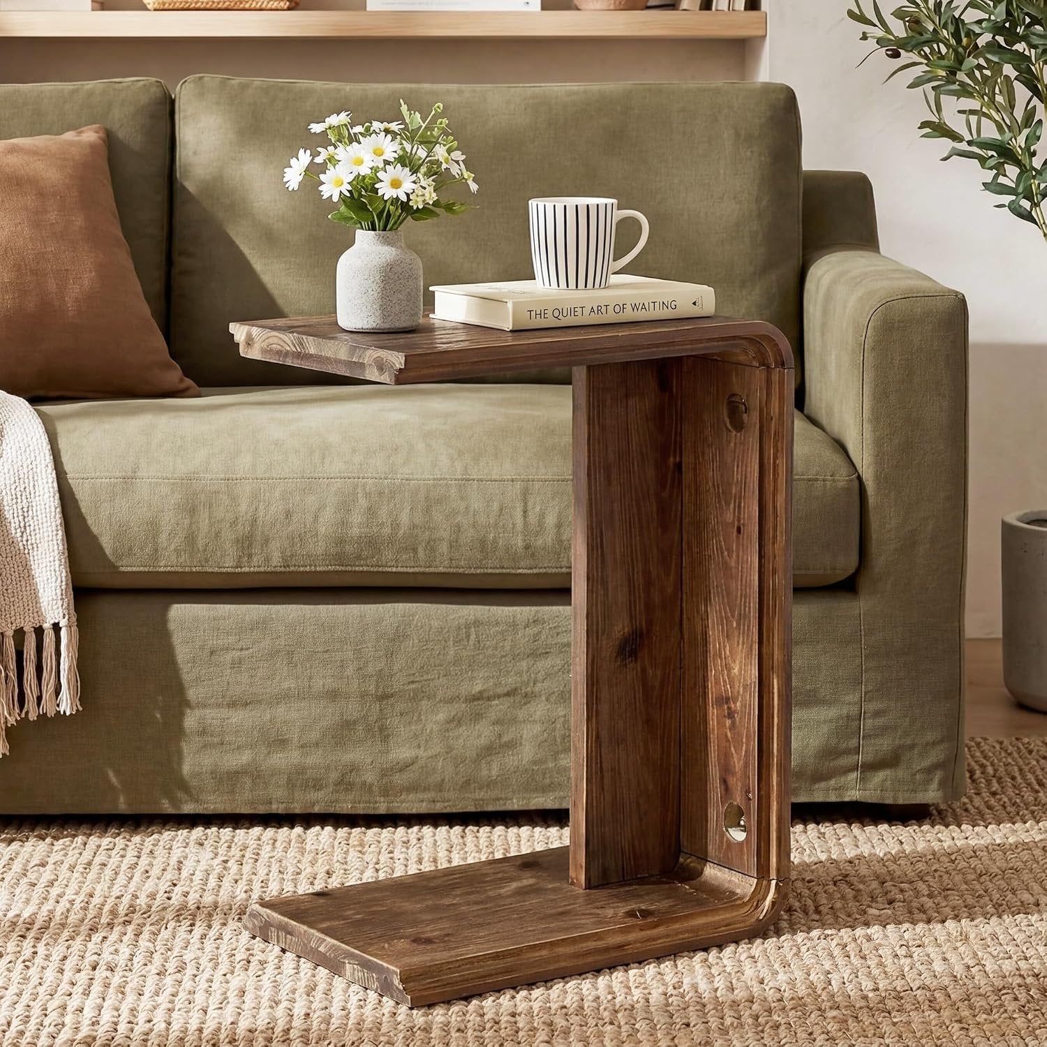Table d'appoint en bois massif en forme de C, Table d'appoint étroite pour canapé, salon et chambre, gain de place, marron foncé