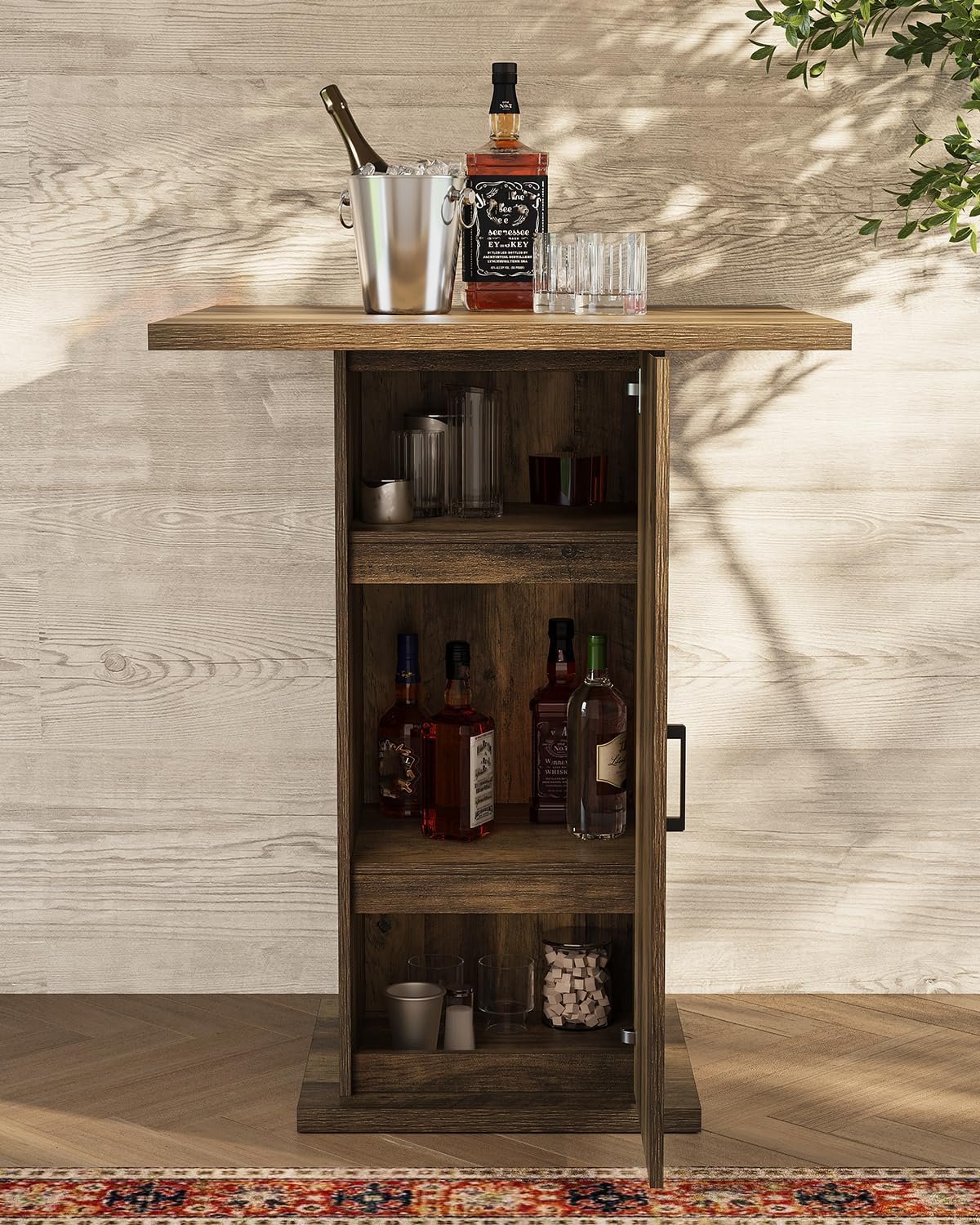 Tribesigns Table de bar avec meuble de rangement 100 cm de haut, Table carrée en bois, style bistrot champêtre avec meuble à 3 niveaux
