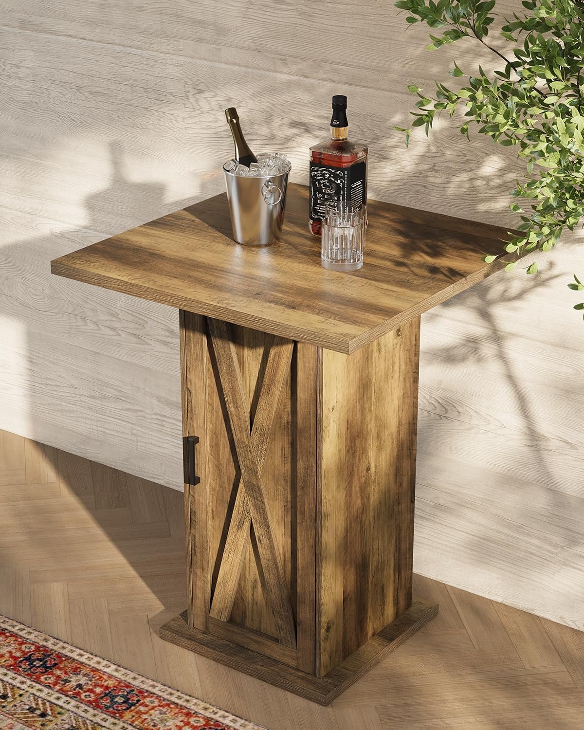 Tribesigns Table de bar avec meuble de rangement 100 cm de haut, Table carrée en bois, style bistrot champêtre avec meuble à 3 niveaux