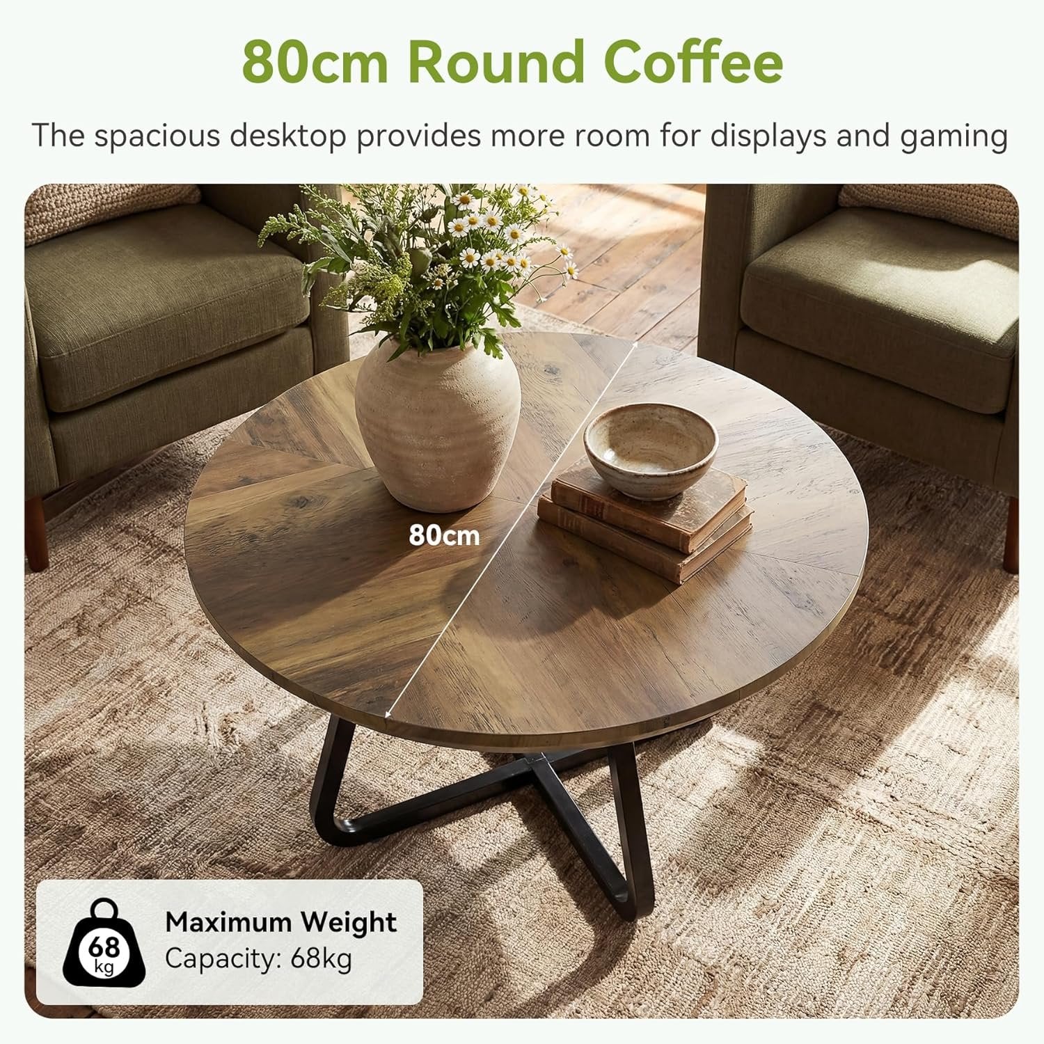 Tribesigns Table basse ronde 80 cm, Table basse moderne aspect bois, table d'appoint industrielle avec pieds en métal, gain de place