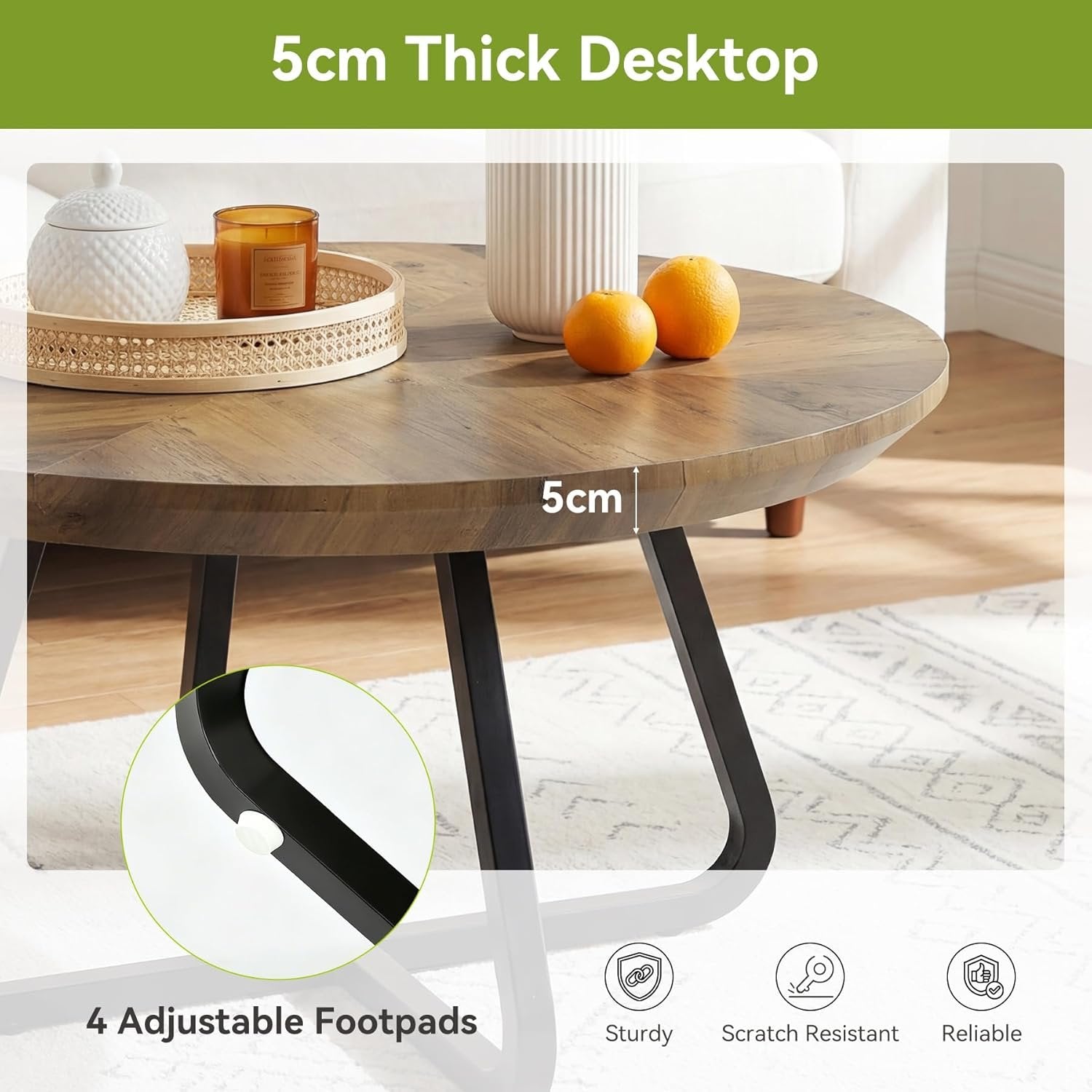 Tribesigns Table basse ronde 80 cm, Table basse moderne aspect bois, table d'appoint industrielle avec pieds en métal, gain de place