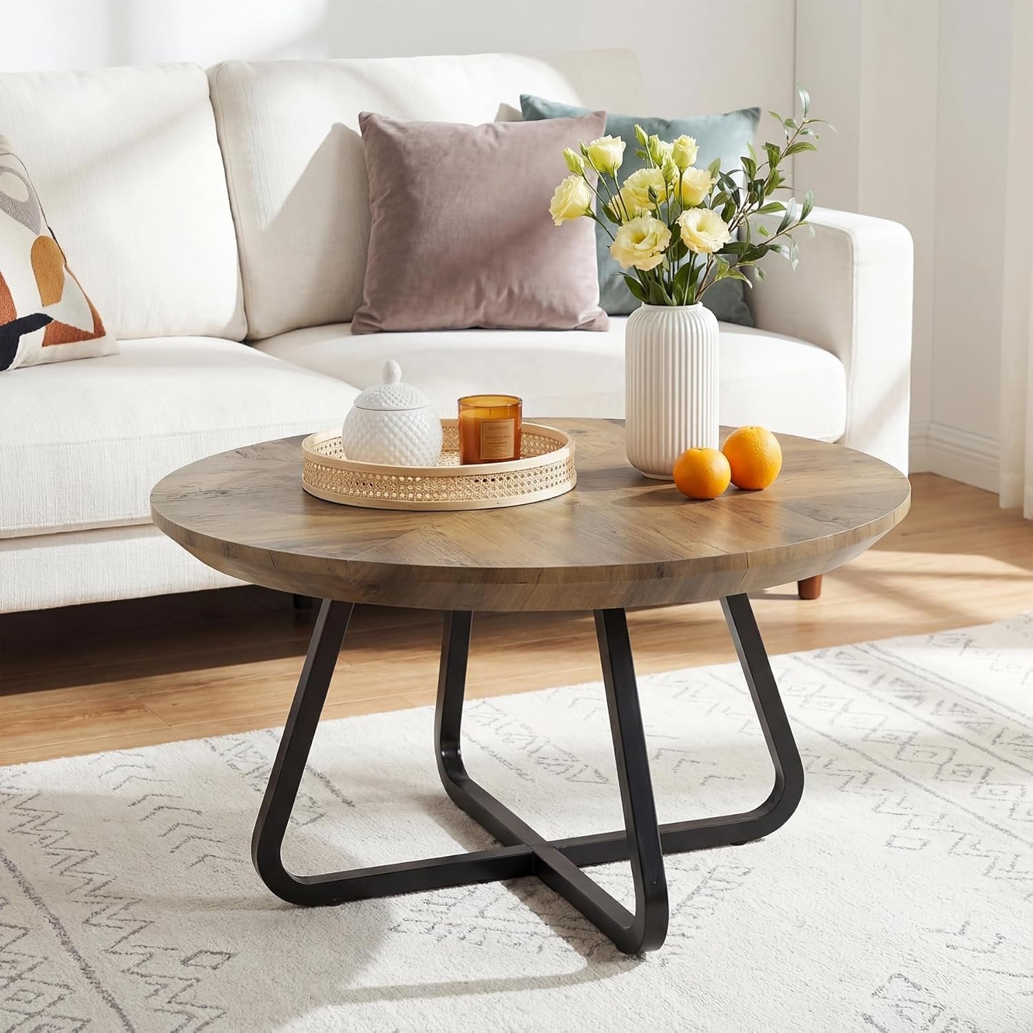 Tribesigns Table basse ronde 80 cm, Table basse moderne aspect bois, table d'appoint industrielle avec pieds en métal, gain de place
