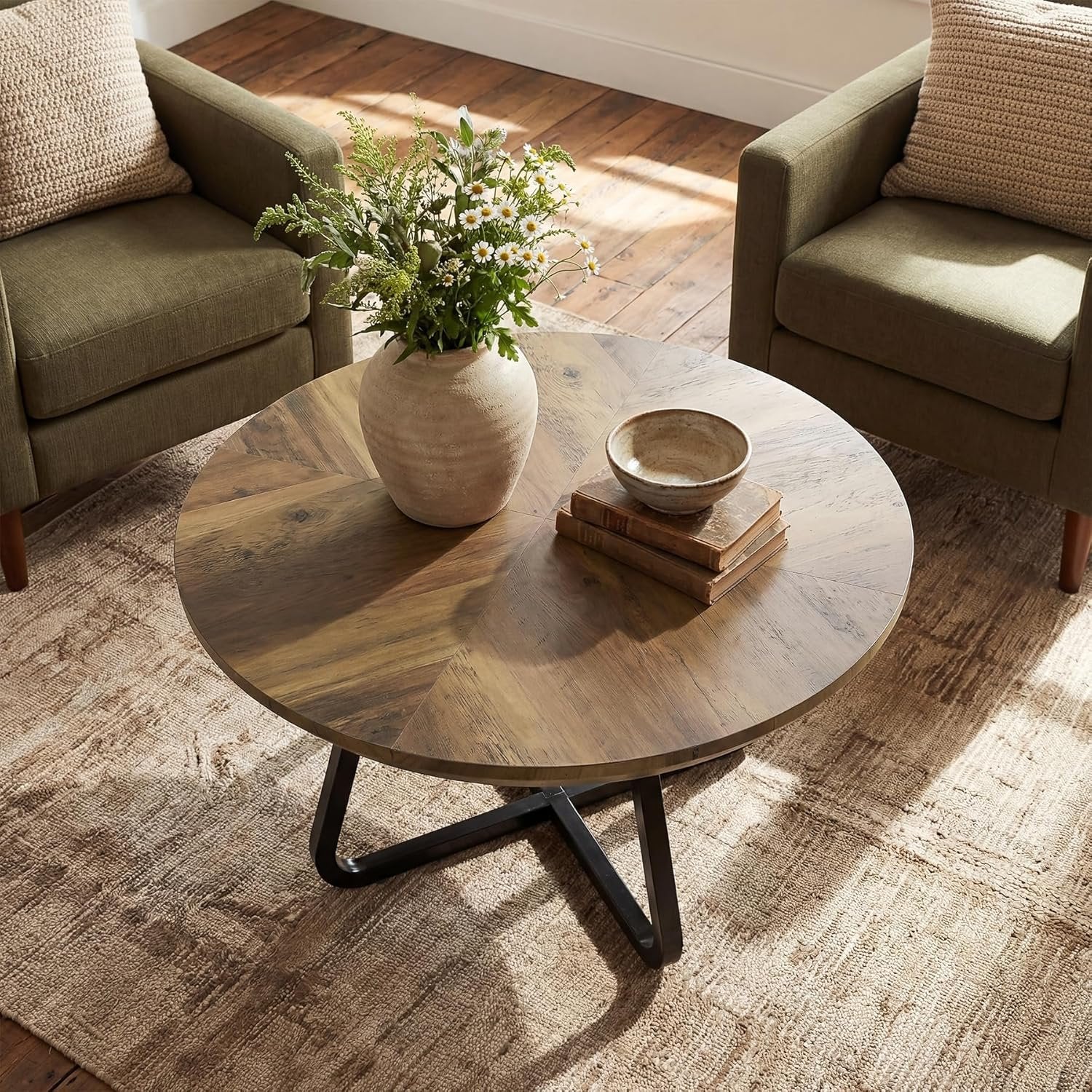 Tribesigns Table basse ronde 80 cm, Table basse moderne aspect bois, table d'appoint industrielle avec pieds en métal, gain de place