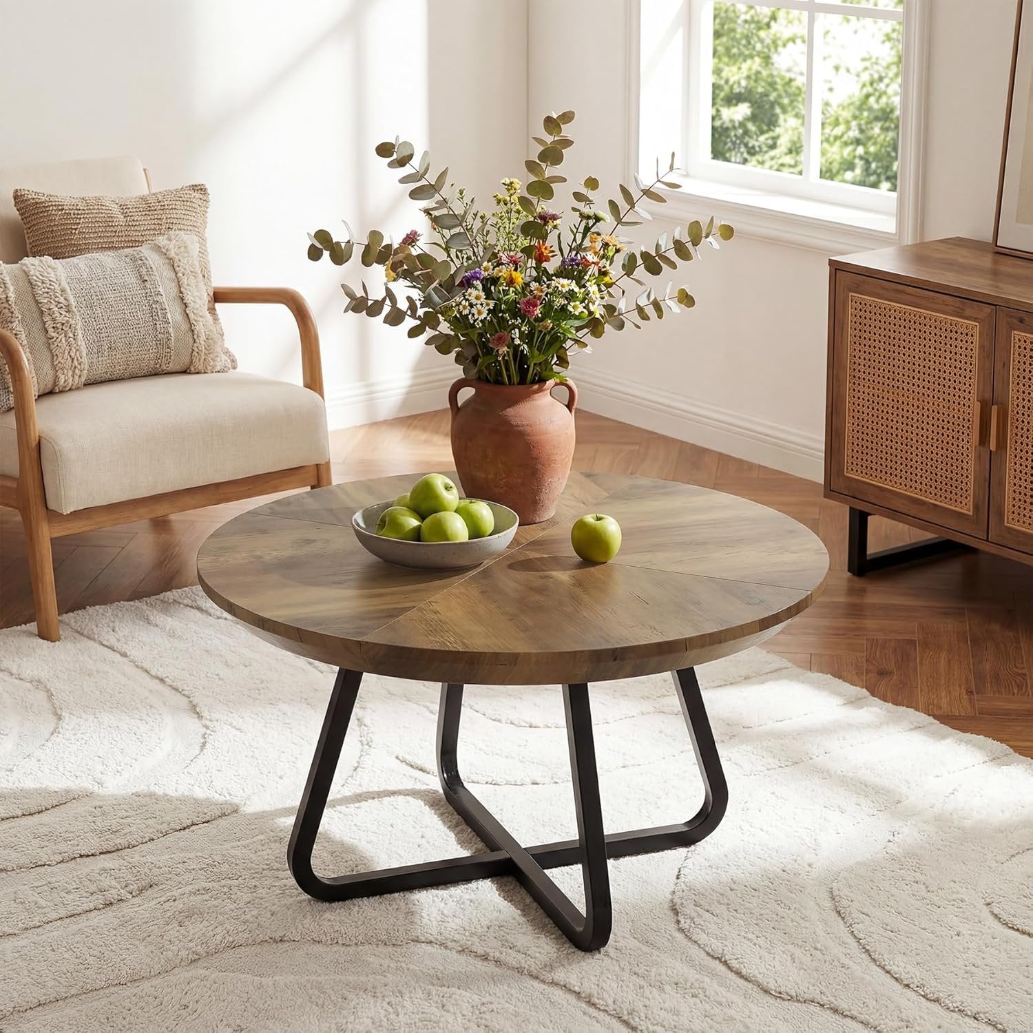 Tribesigns Table basse ronde 80 cm, Table basse moderne aspect bois, table d'appoint industrielle avec pieds en métal, gain de place