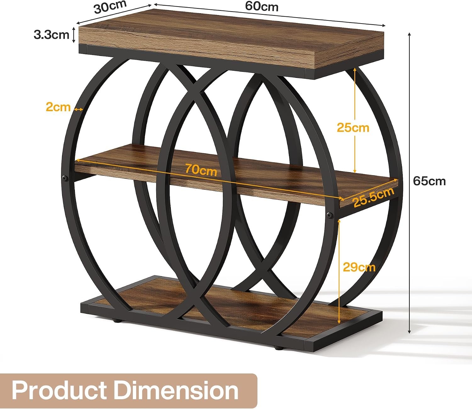 TribesignsTable d'appoint à 3 niveaux en bois, 60 x 65 x 30 cm, Table basse étroite de style rustique avec rangement