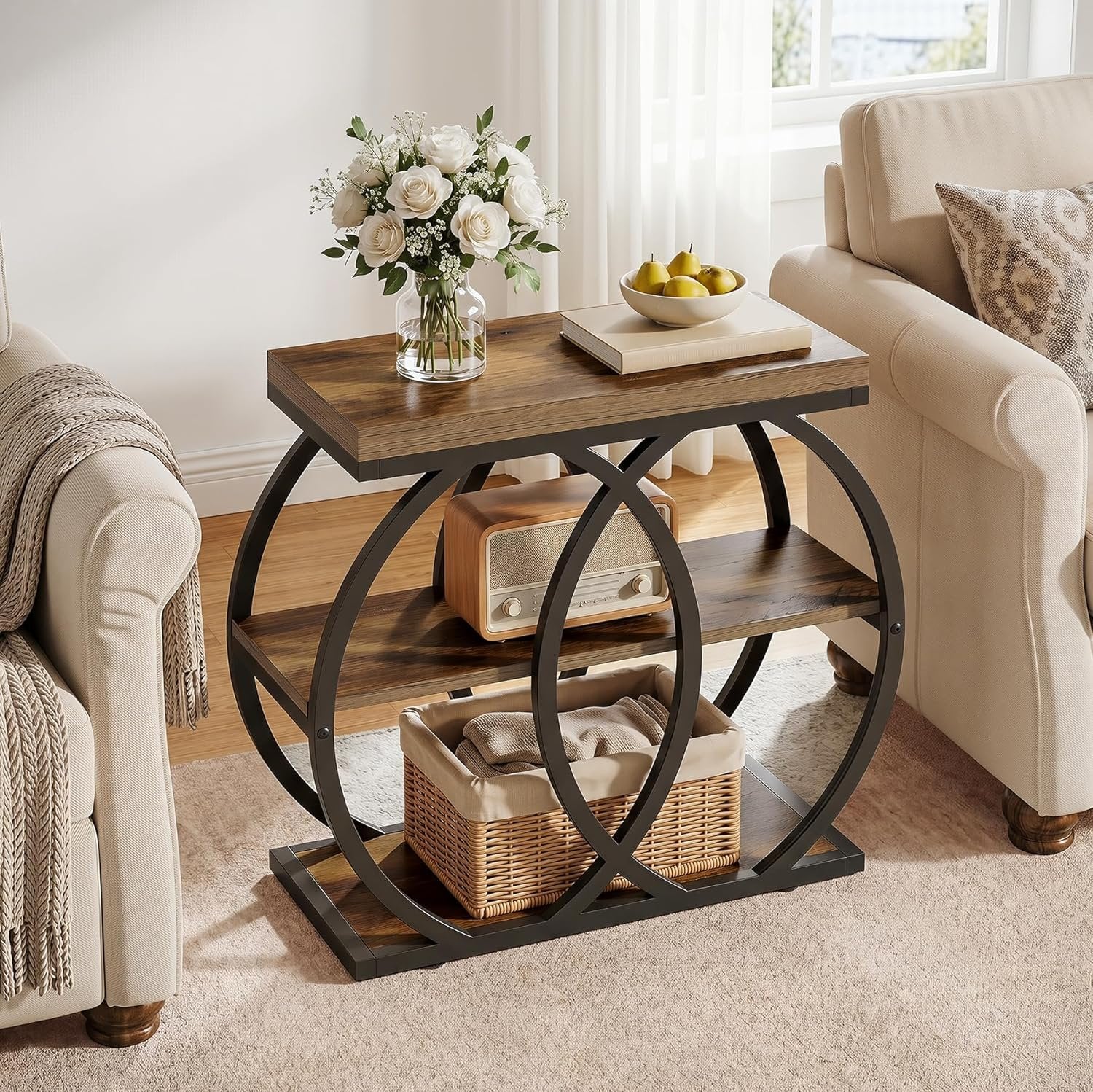 TribesignsTable d'appoint à 3 niveaux en bois, 60 x 65 x 30 cm, Table basse étroite de style rustique avec rangement