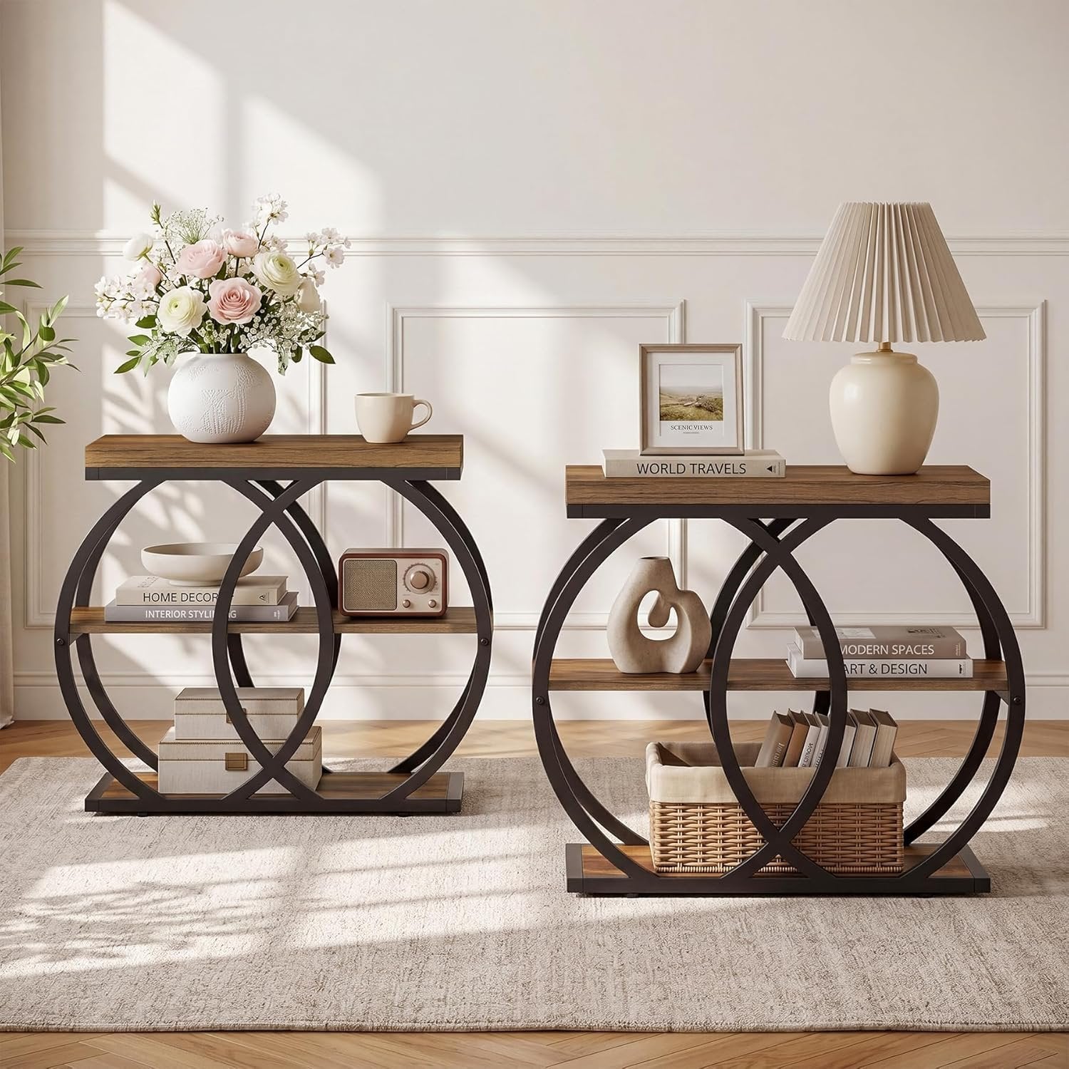 TribesignsTable d'appoint à 3 niveaux en bois, 60 x 65 x 30 cm, Table basse étroite de style rustique avec rangement