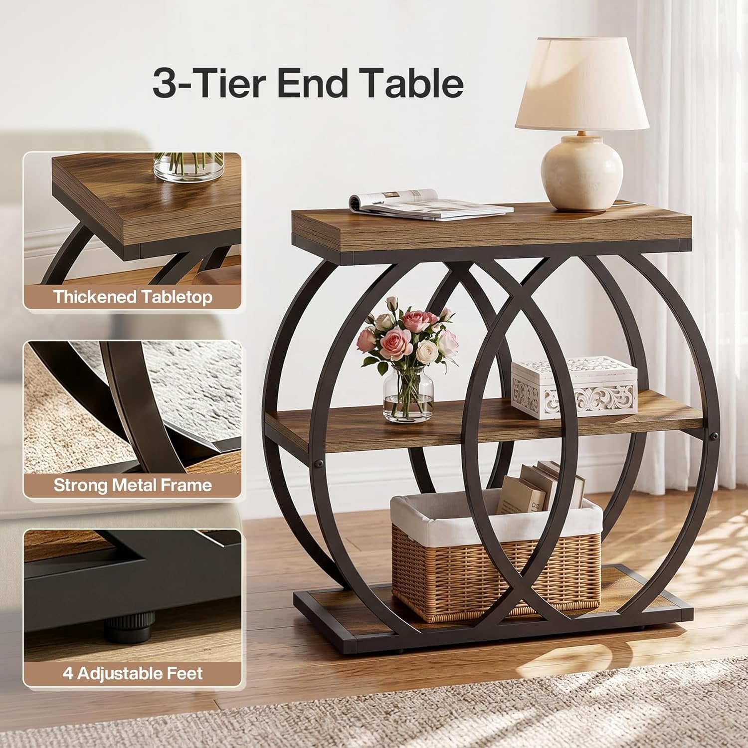 TribesignsTable d'appoint à 3 niveaux en bois, 60 x 65 x 30 cm, Table basse étroite de style rustique avec rangement