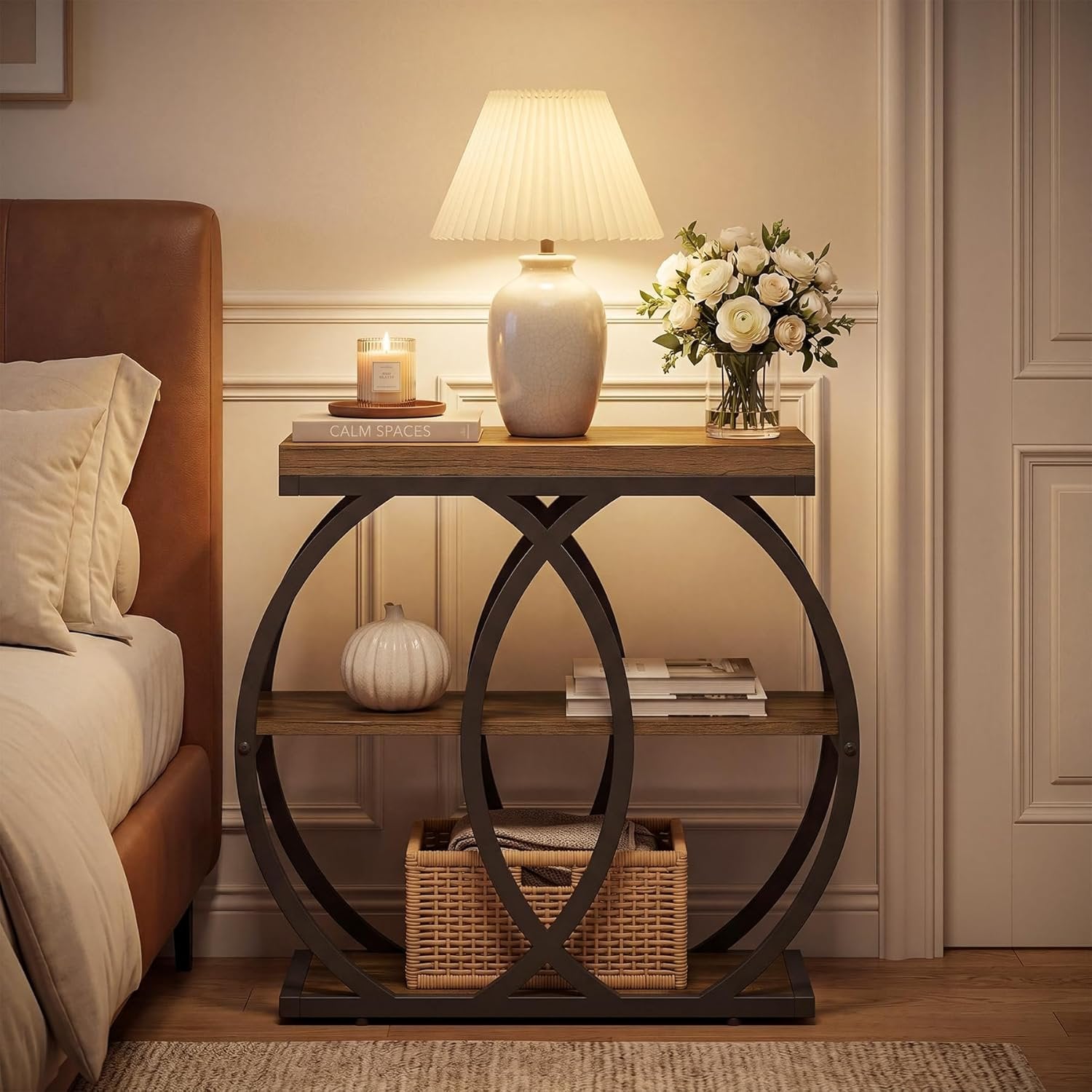 TribesignsTable d'appoint à 3 niveaux en bois, 60 x 65 x 30 cm, Table basse étroite de style rustique avec rangement
