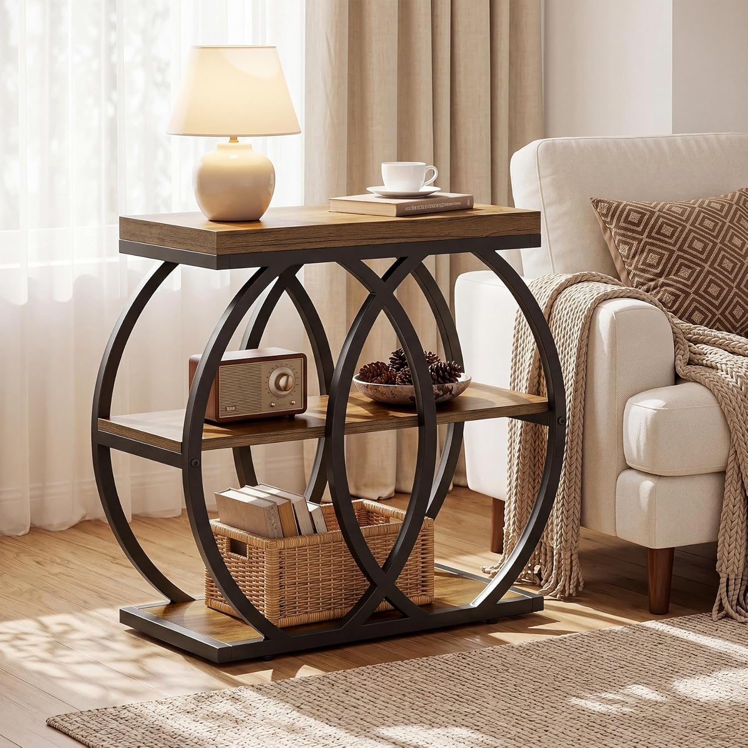 TribesignsTable d'appoint à 3 niveaux en bois, 60 x 65 x 30 cm, Table basse étroite de style rustique avec rangement