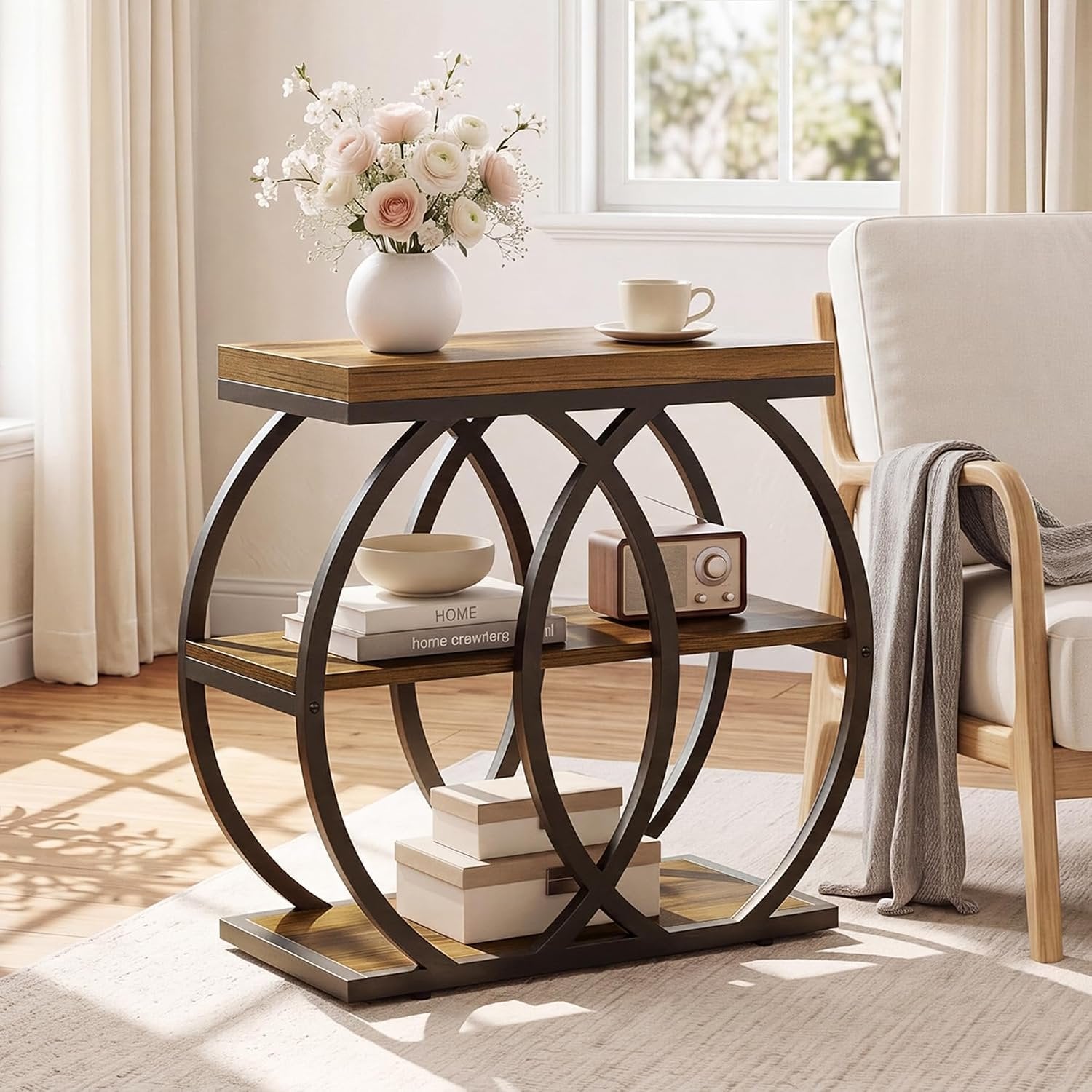 TribesignsTable d'appoint à 3 niveaux en bois, 60 x 65 x 30 cm, Table basse étroite de style rustique avec rangement