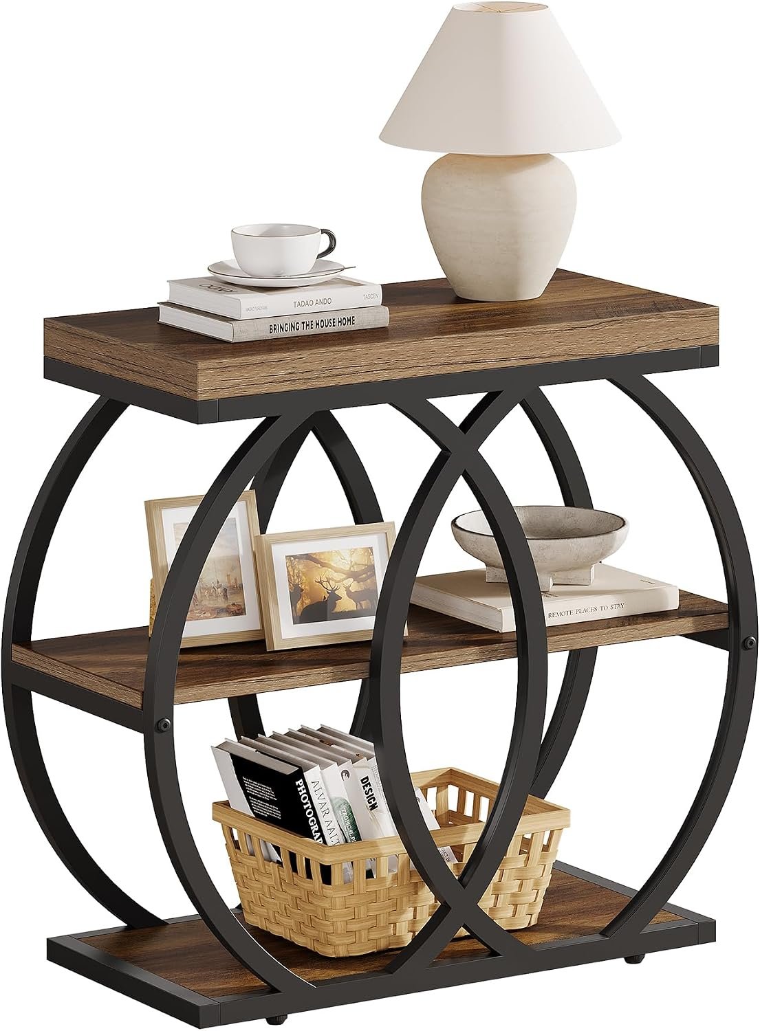 TribesignsTable d'appoint à 3 niveaux en bois, 60 x 65 x 30 cm, Table basse étroite de style rustique avec rangement