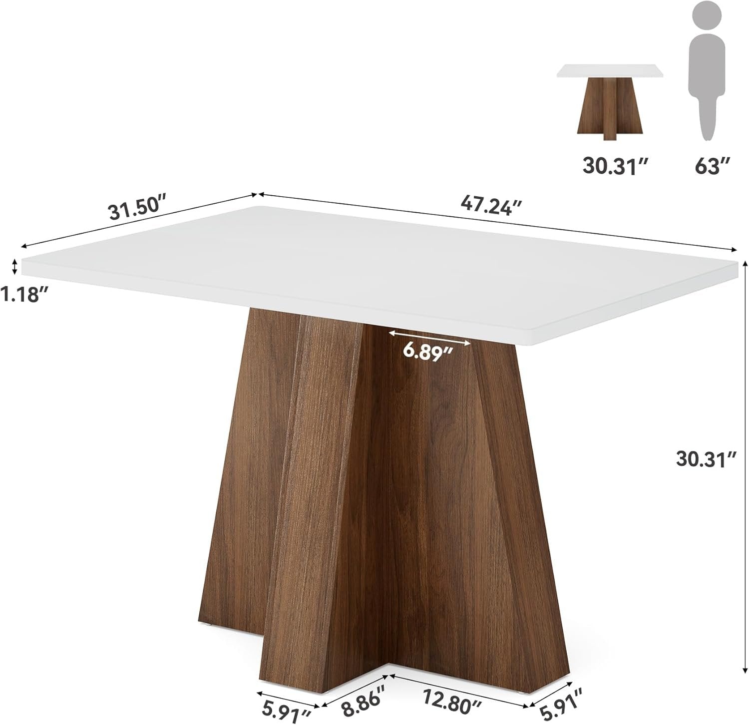 Tribesigns Table à manger  de 120 cm pour 4 à 6 personnes, Table de cuisine rectangulaire blanche avec structure en noyer Table à manger moderne en bois