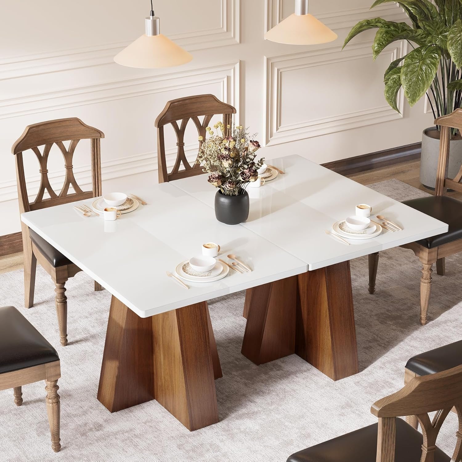 Tribesigns Table à manger  de 120 cm pour 4 à 6 personnes, Table de cuisine rectangulaire blanche avec structure en noyer Table à manger moderne en bois