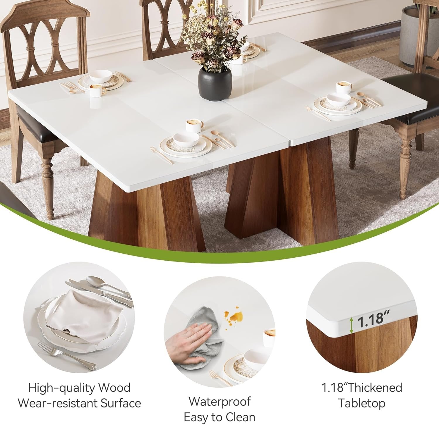 Tribesigns Table à manger  de 120 cm pour 4 à 6 personnes, Table de cuisine rectangulaire blanche avec structure en noyer Table à manger moderne en bois