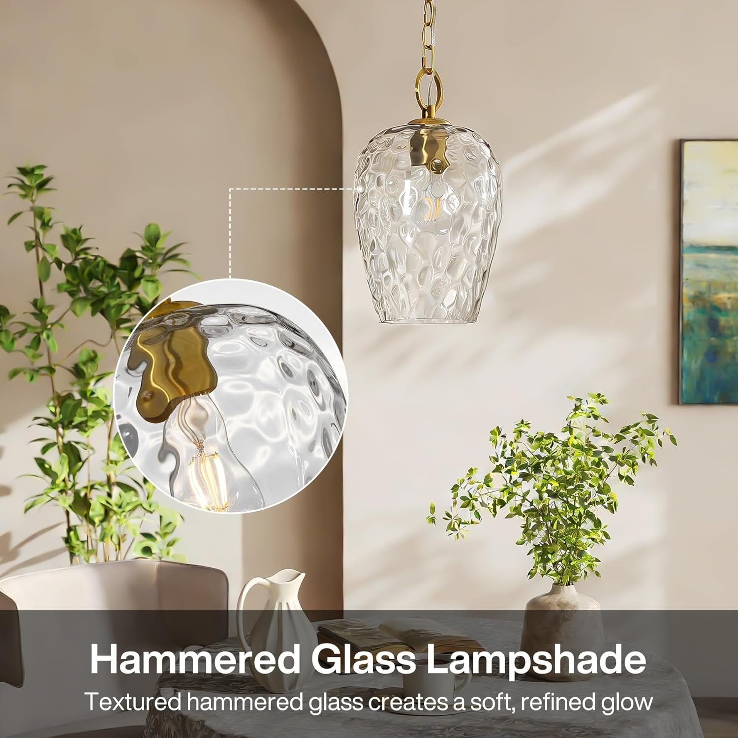 Tribesigns Suspension avec abat-jour en verre martelé, Hauteur réglable jusqu'à 152 cm, diamètre 22 cm, intensité variable, lampe de table à manger, douille E27