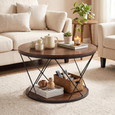 Table basse ronde de 80 cm, style industriel, en bois massif avec étagère inférieure, idéale pour les petits espaces 3