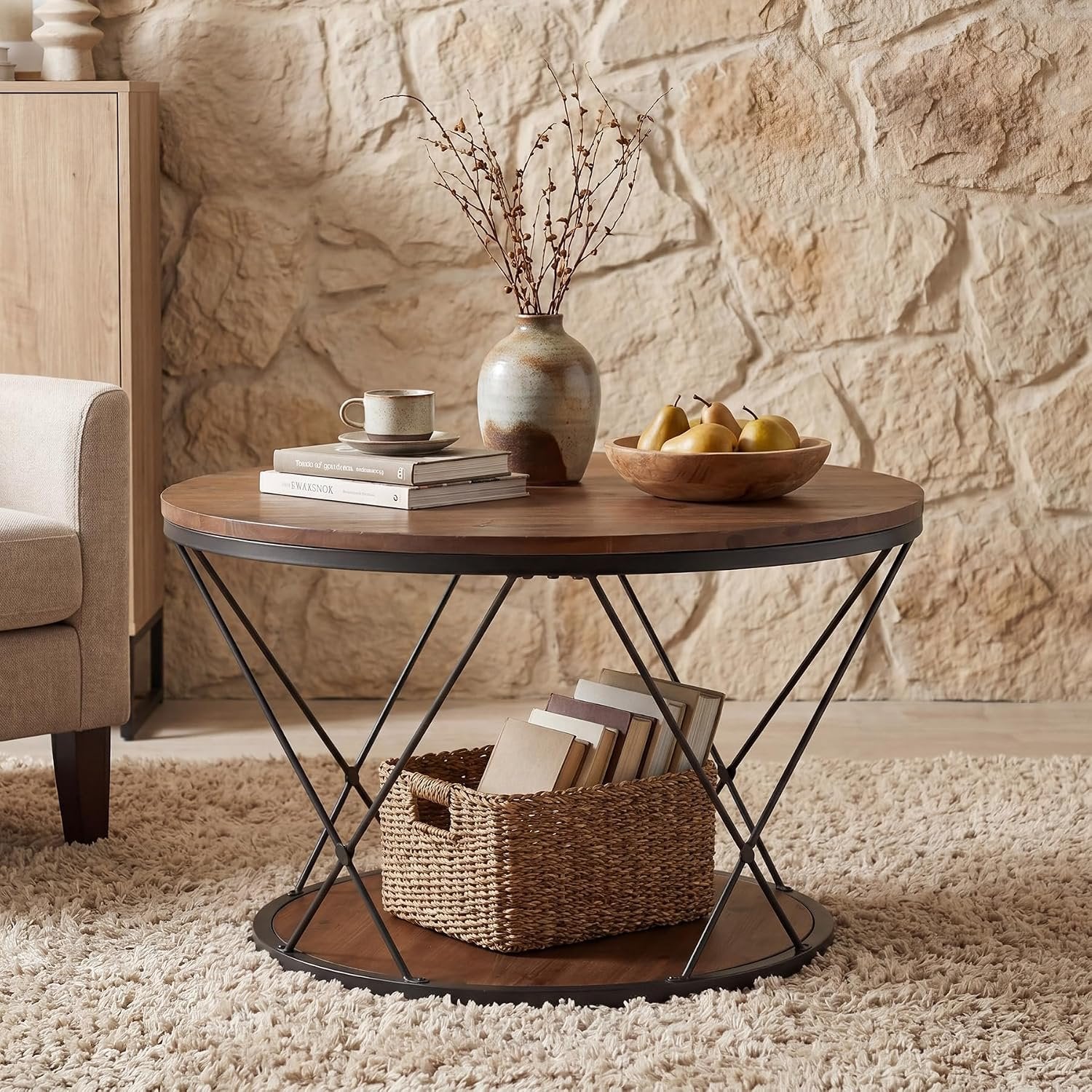 Table basse ronde de 80 cm, style industriel, en bois massif avec étagère inférieure, idéale pour les petits espaces