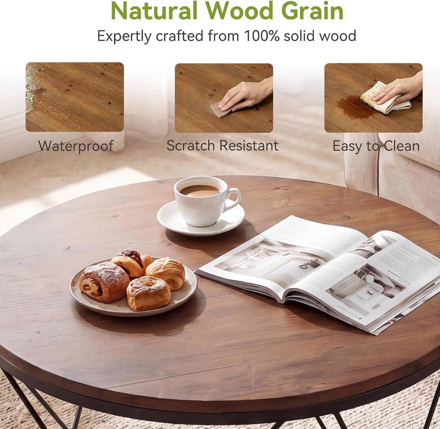 Table basse ronde de 80 cm, style industriel, en bois massif avec étagère inférieure, idéale pour les petits espaces