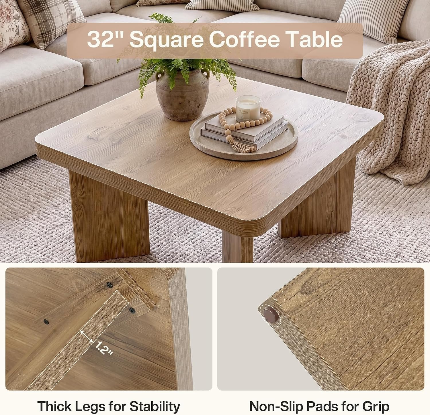 Tribesigns Table basse en bois de 80 cm, Petite table d'appoint de style champêtre avec plateau épais et pieds robustes