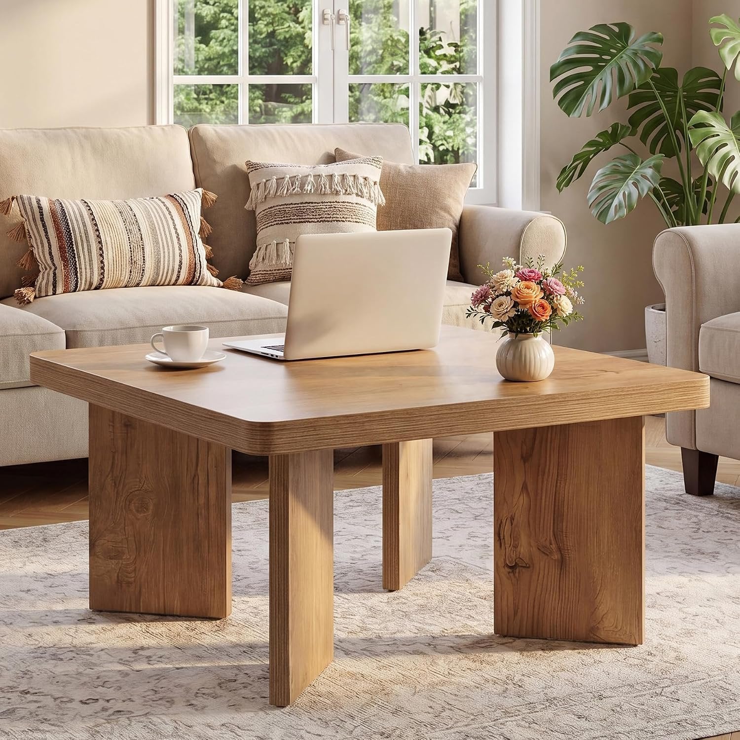 Tribesigns Table basse en bois de 80 cm, Petite table d'appoint de style champêtre avec plateau épais et pieds robustes