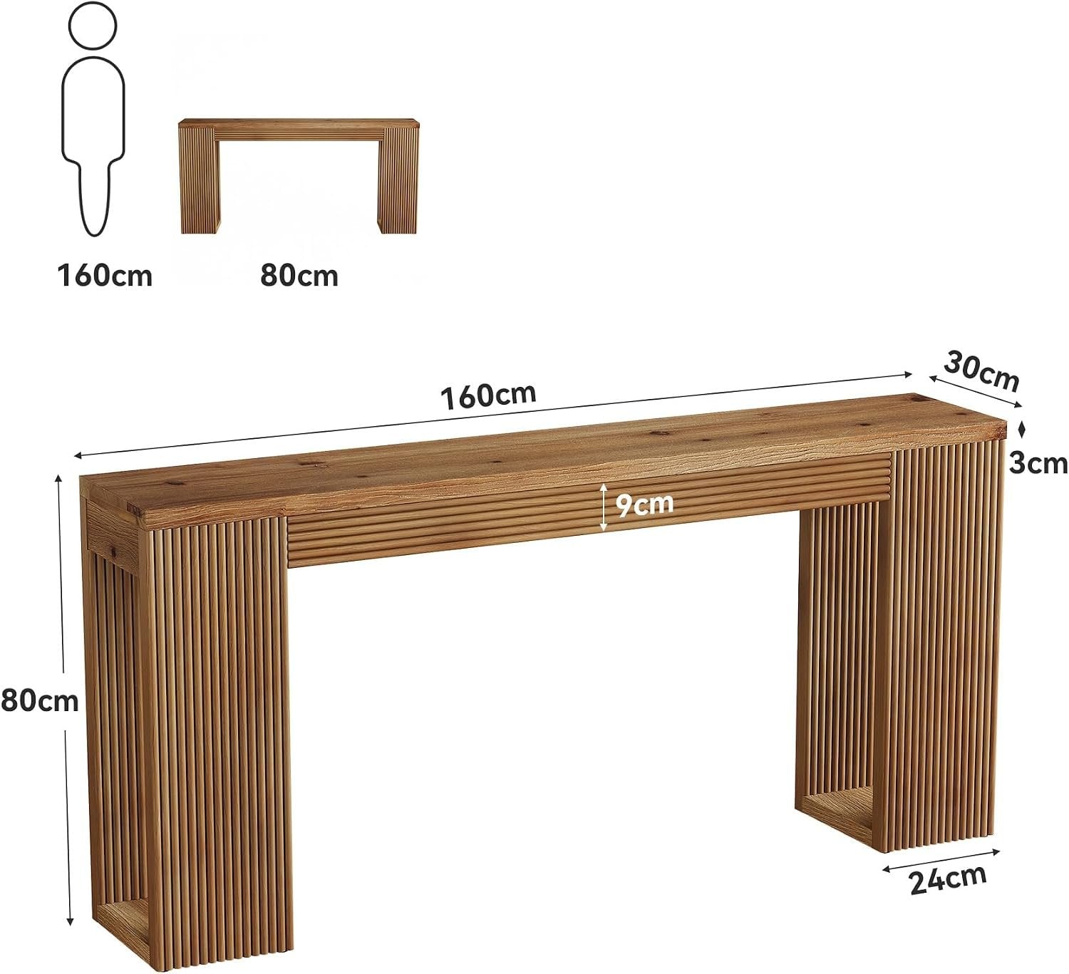 Console en bois massif de 160 cm de long, Style campagnard avec pieds cannelés