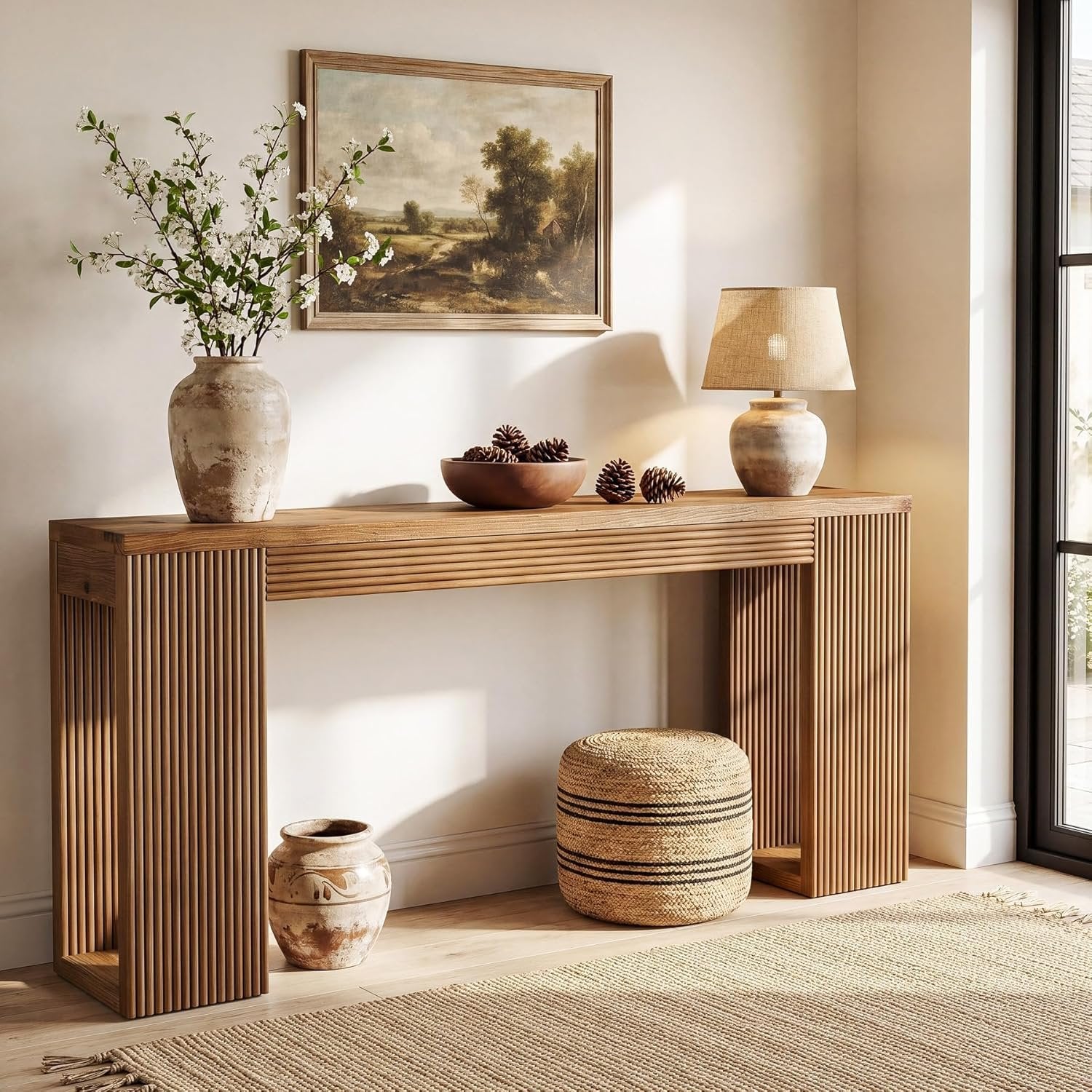 Console en bois massif de 160 cm de long, Style campagnard avec pieds cannelés