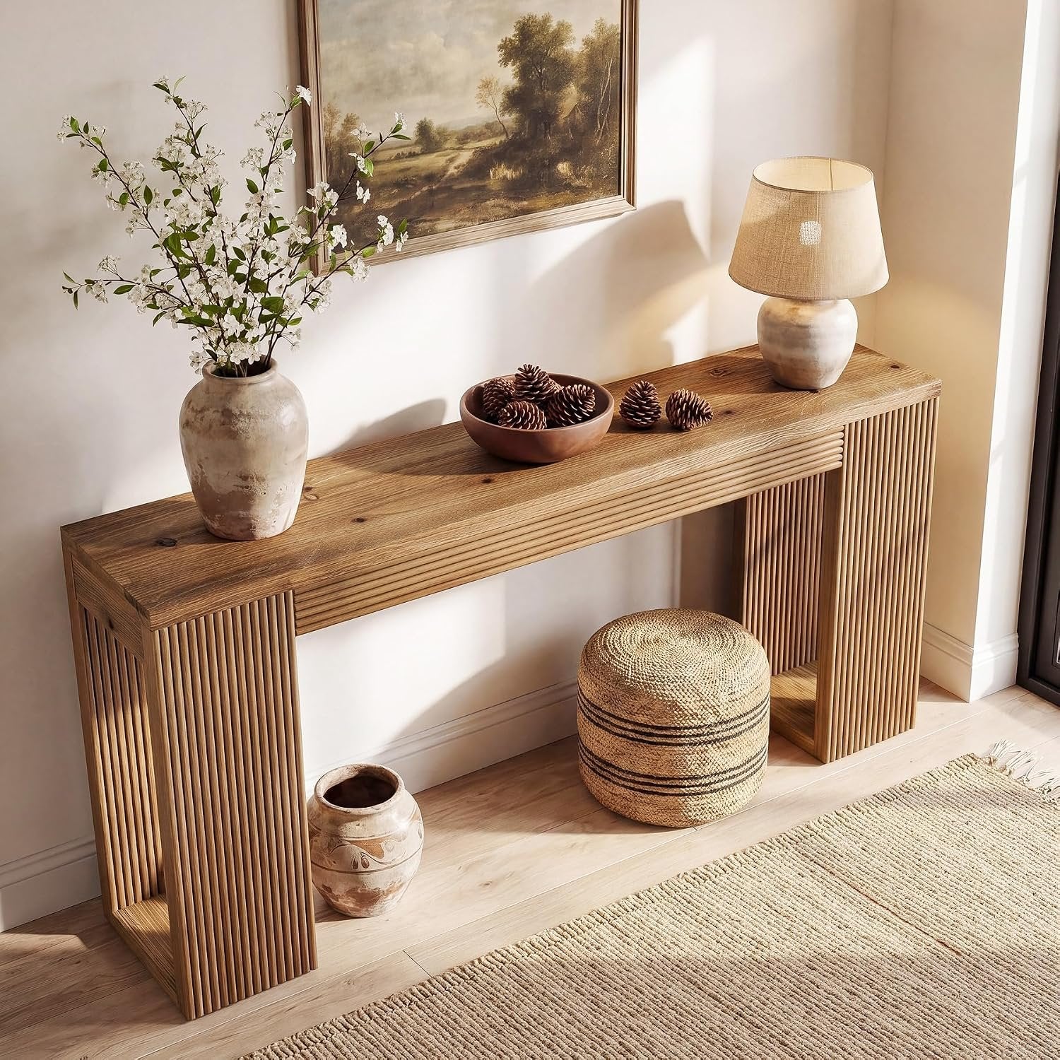 Console en bois massif de 160 cm de long, Style campagnard avec pieds cannelés