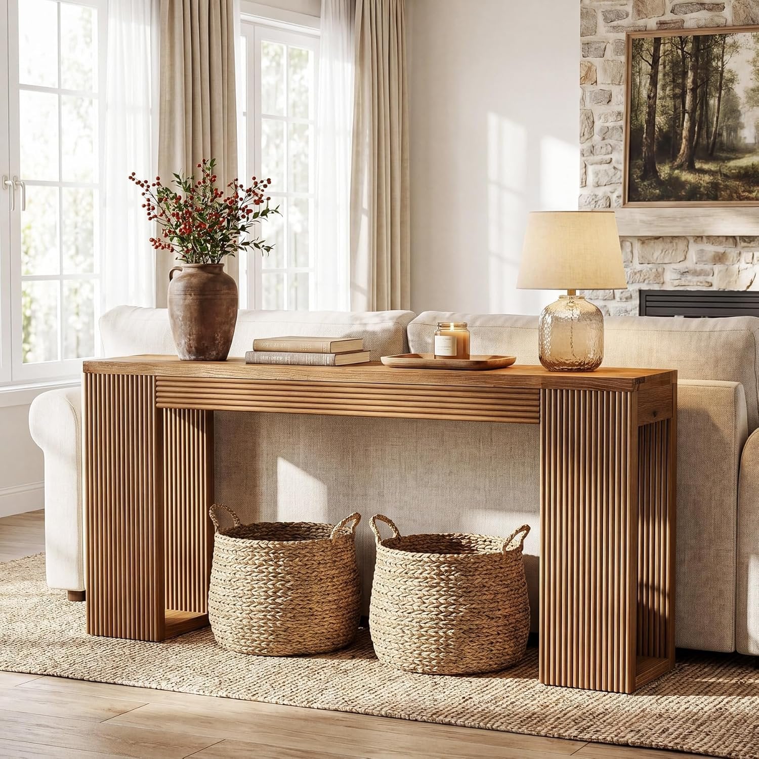 Console en bois massif de 160 cm de long, Style campagnard avec pieds cannelés