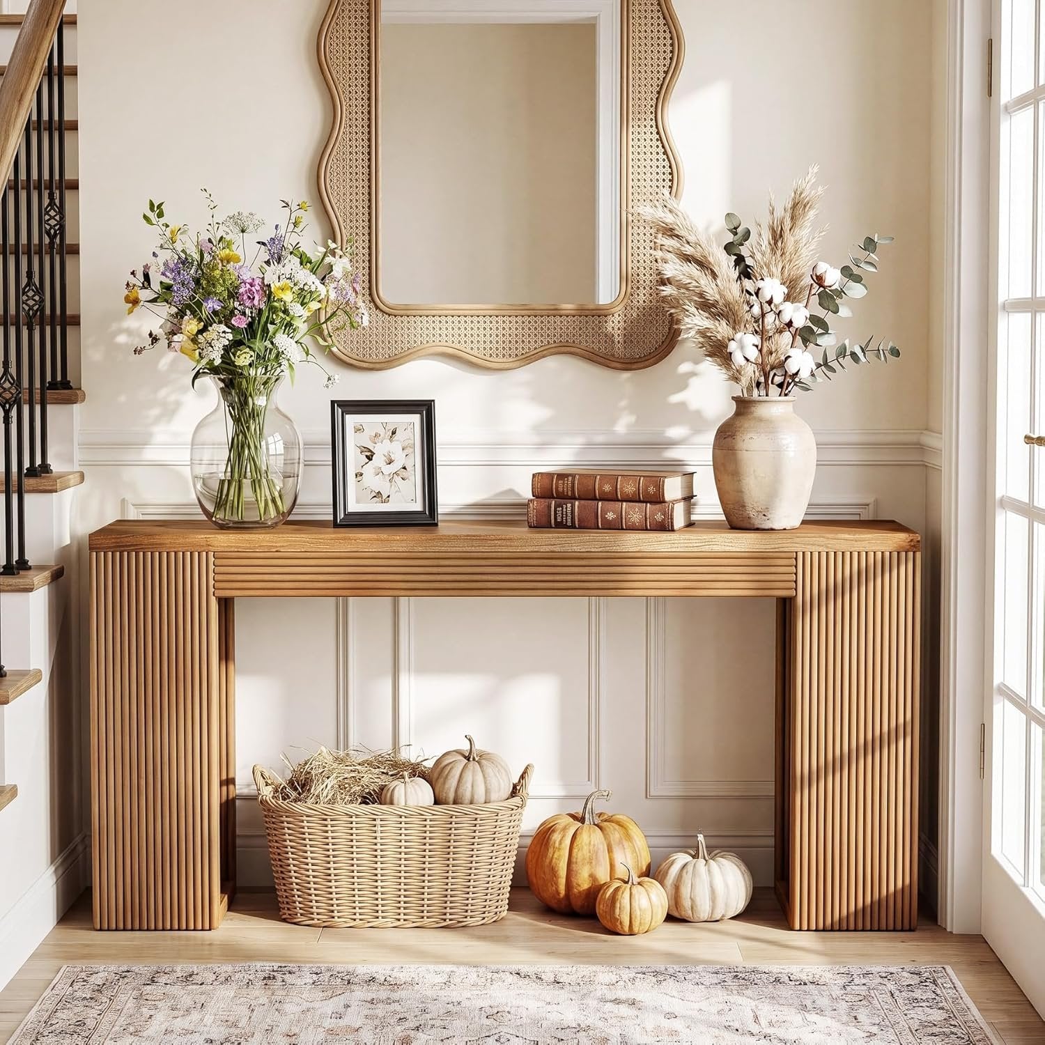 Console en bois massif de 160 cm de long, Style campagnard avec pieds cannelés